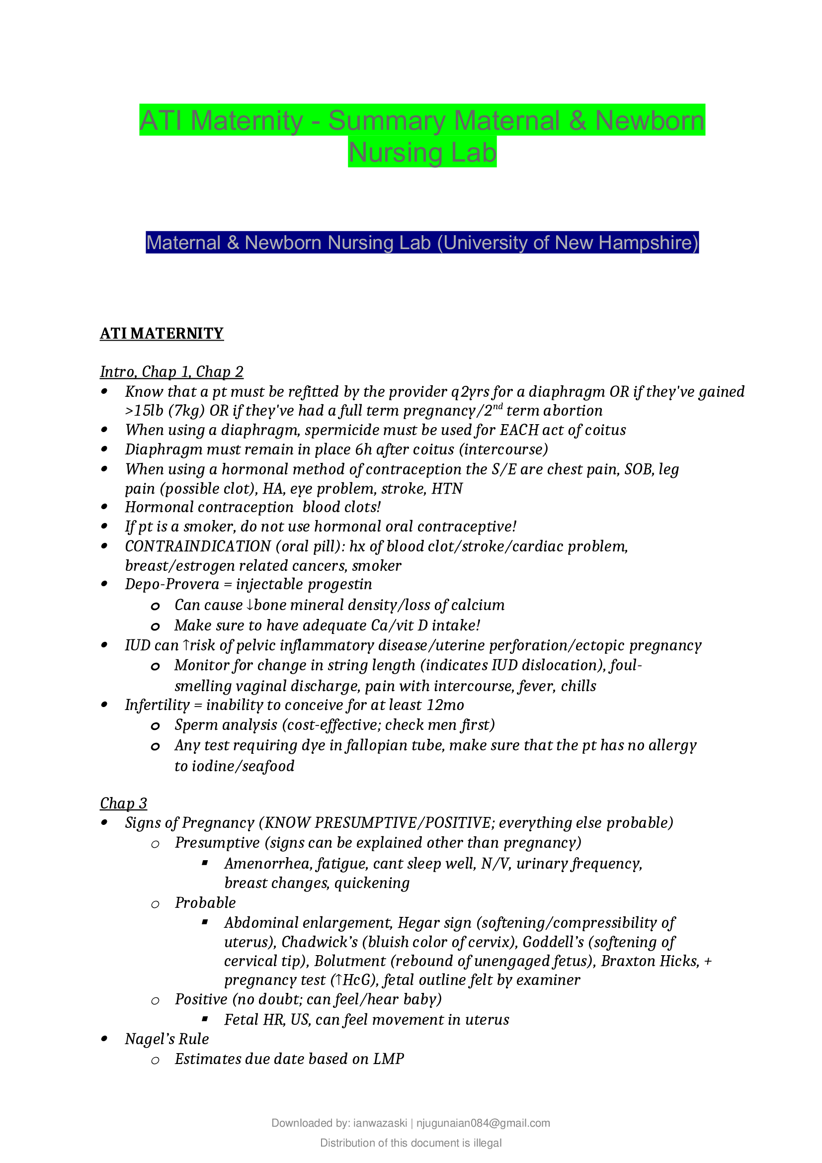 ATI Maternity - Summary Maternal & Newborn Nursing Lab
