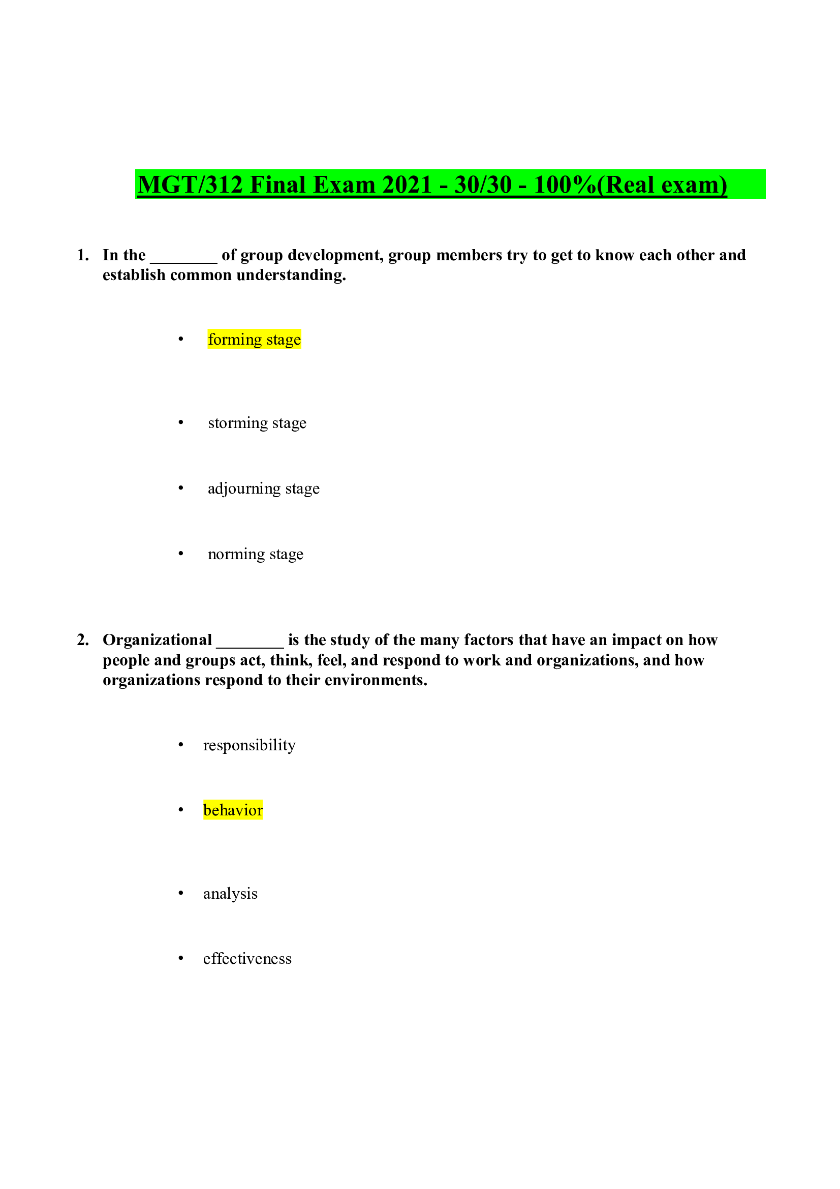 MGT 312 Final Exam 2021 Real exam