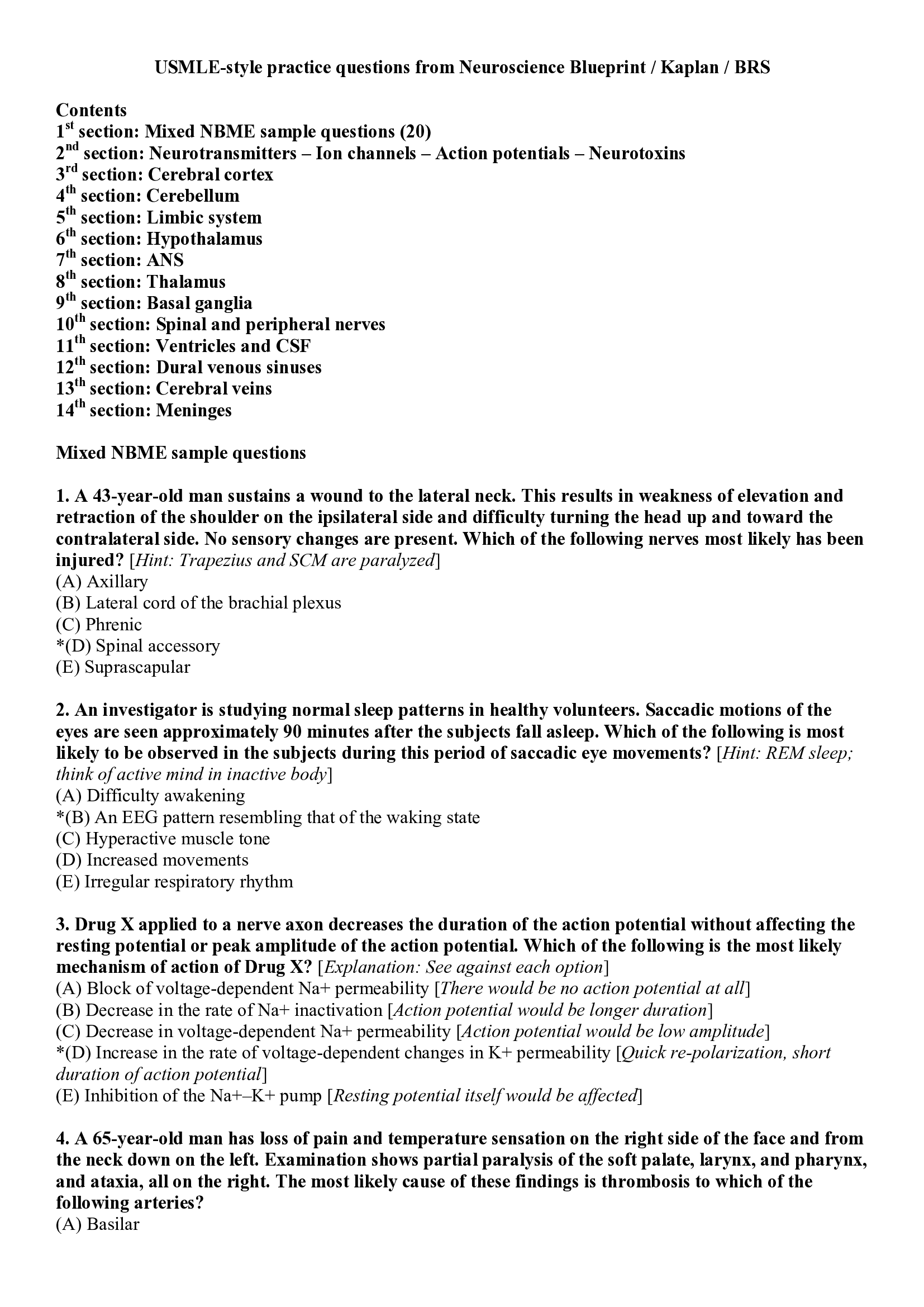 USMLE Style Practice Questions and Answers From Neuroscience Blueprint Kaplan BRS