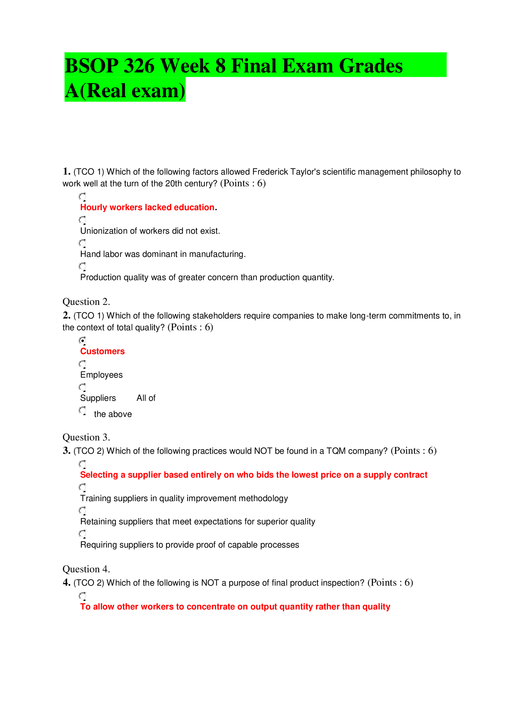 BSOP 326 Week 8 Final Exam 2026 Grades A (Real exam)