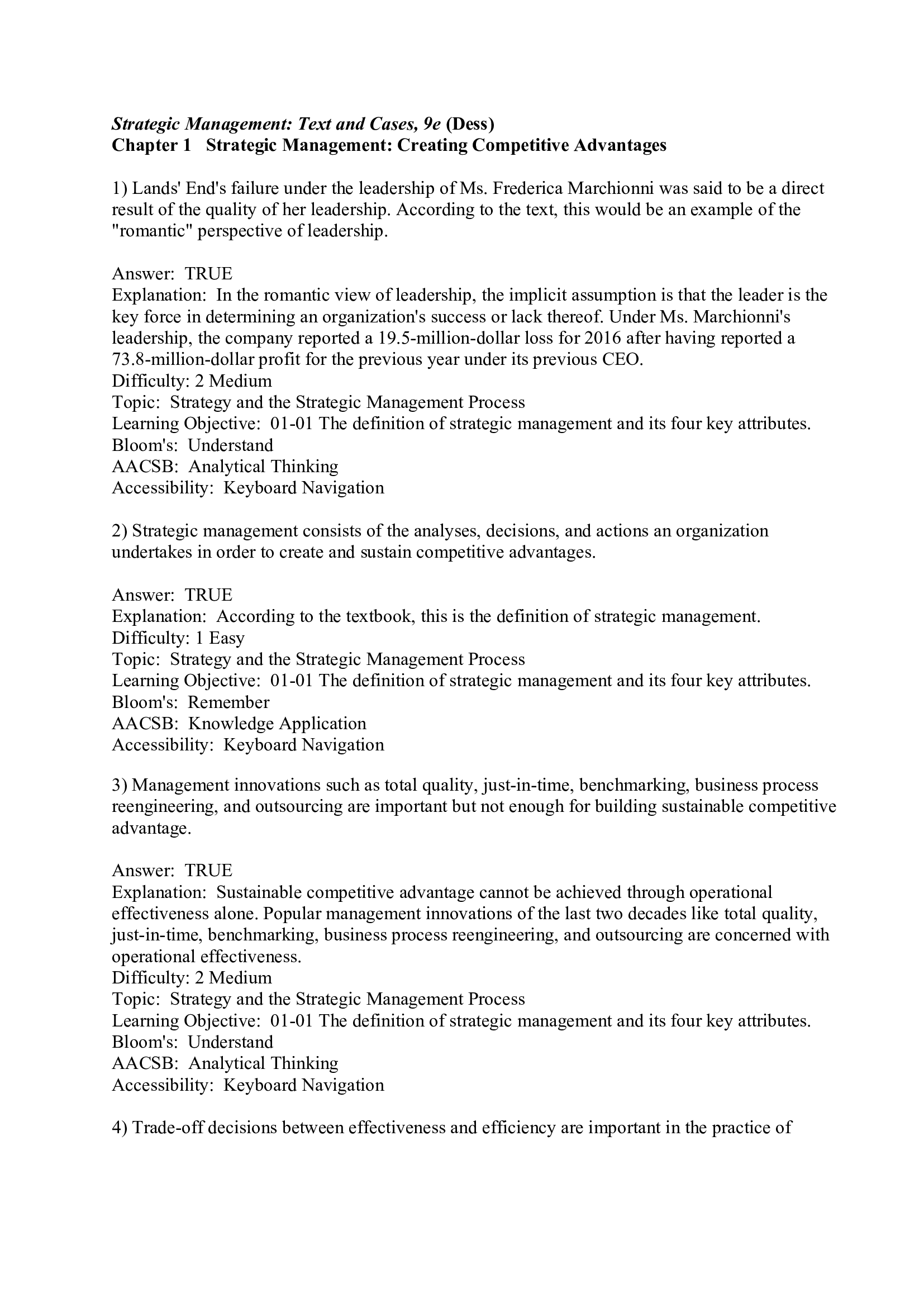 Strategic Management Text and Cases, Ninth edition, written by Dess, McNamara, Eisner, and Lee Test Bank