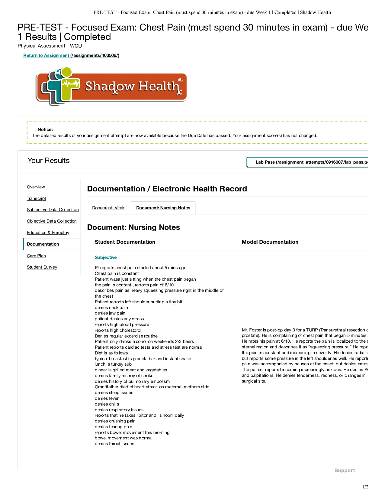 Focused Exam Documentation Chest Pain NURS190 Pre-Test Shadow Health Assessment