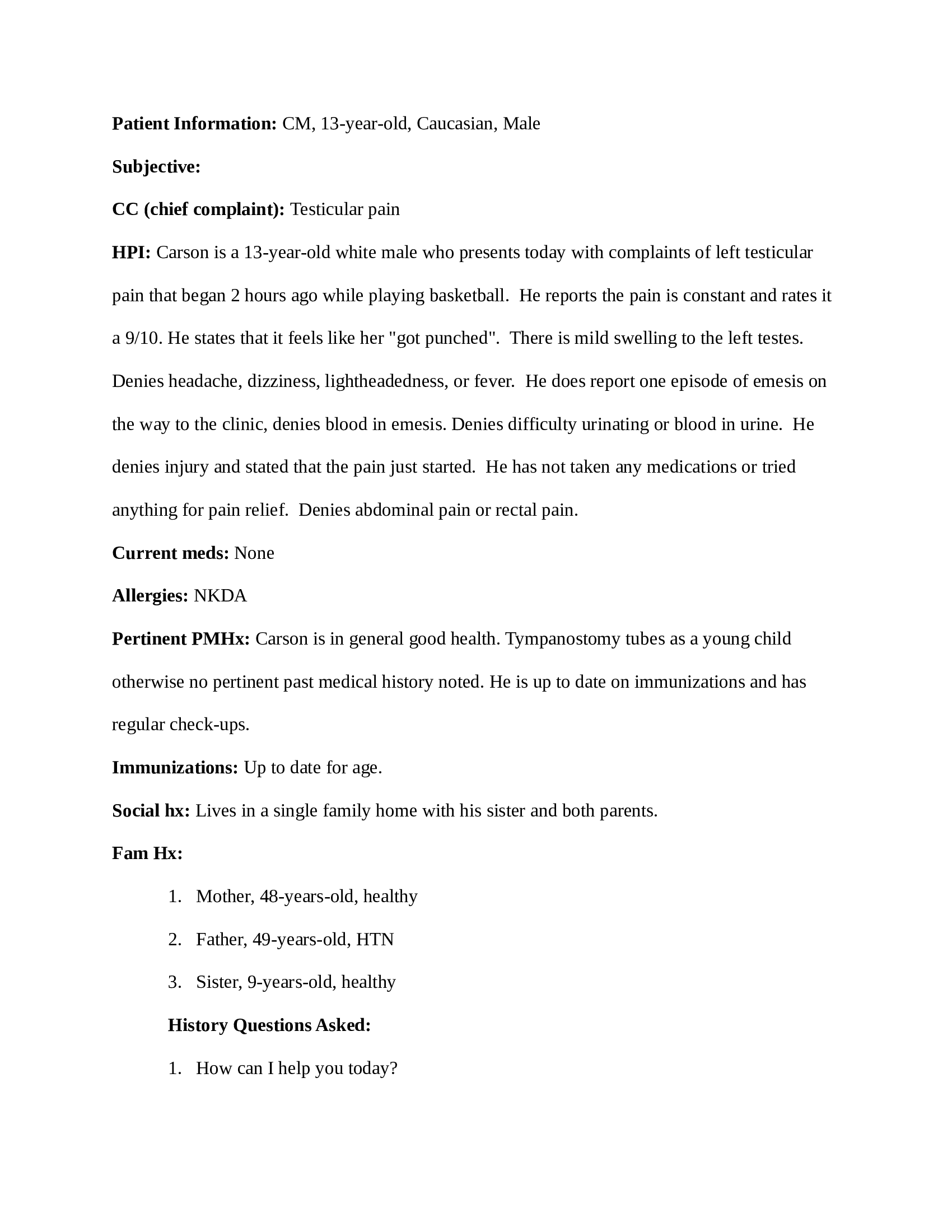 Carson Meyer Ihuman Case (Cc: Left Testicular Pain) Nrnp 6541c {Primary Care Of Adolescents And Children Answered