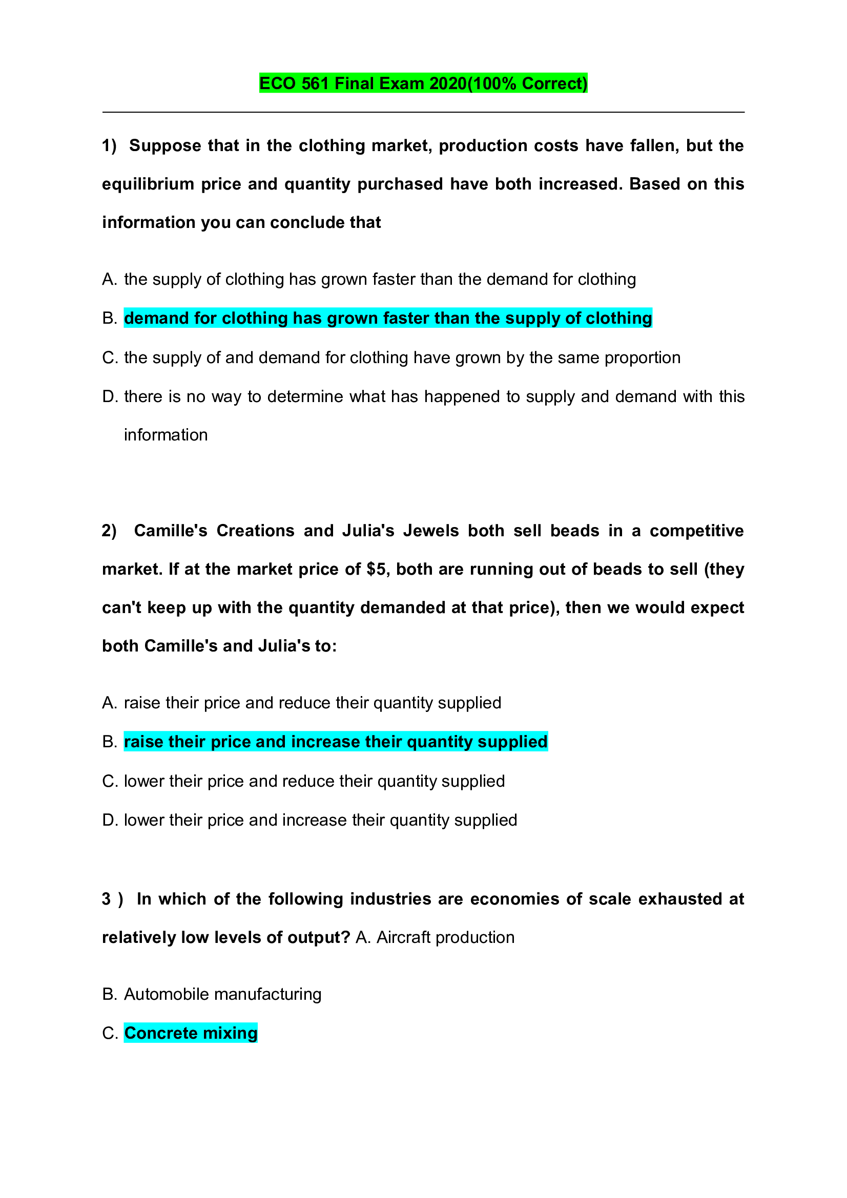 ECO 561 Final Exam 2020 (100 Correct)