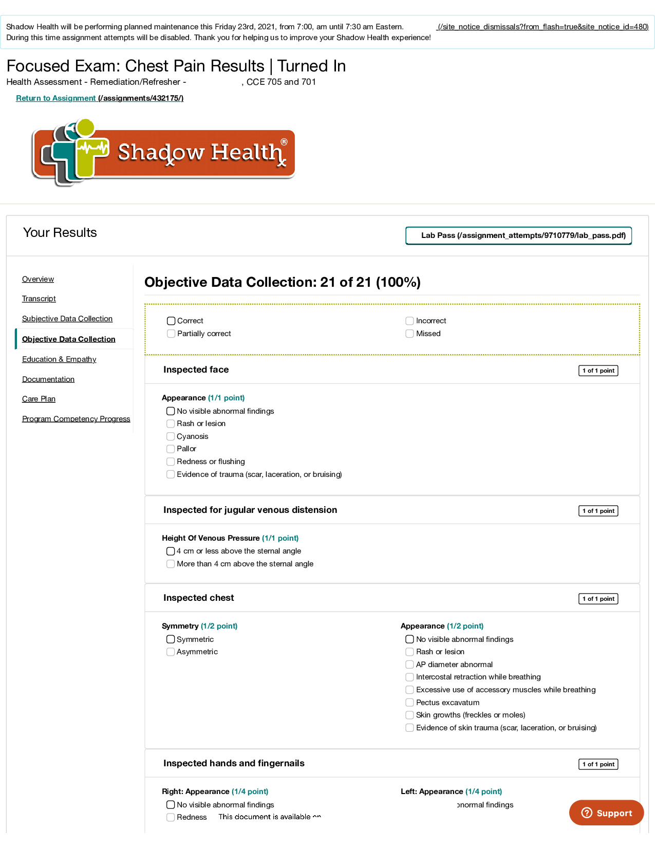 Shadow Health Chest Pain Focused Exam Sheet | CCE 705 and 701 Objective Data Collection Scored 100%
