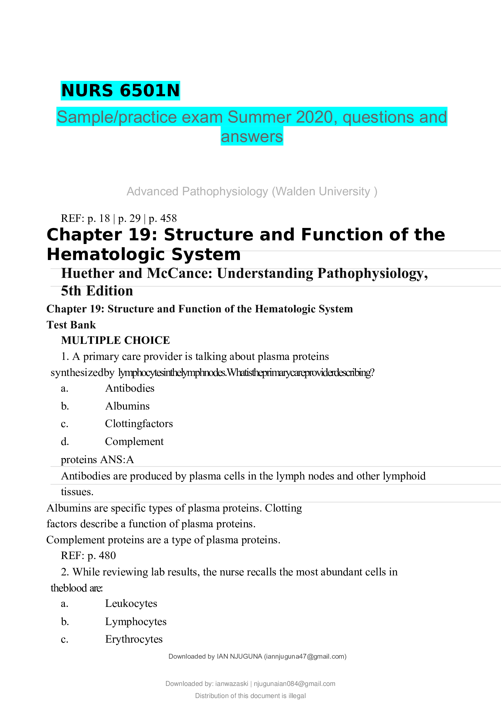 NURS 6501N Sample, practice exam Summer 2020, questions and answers
