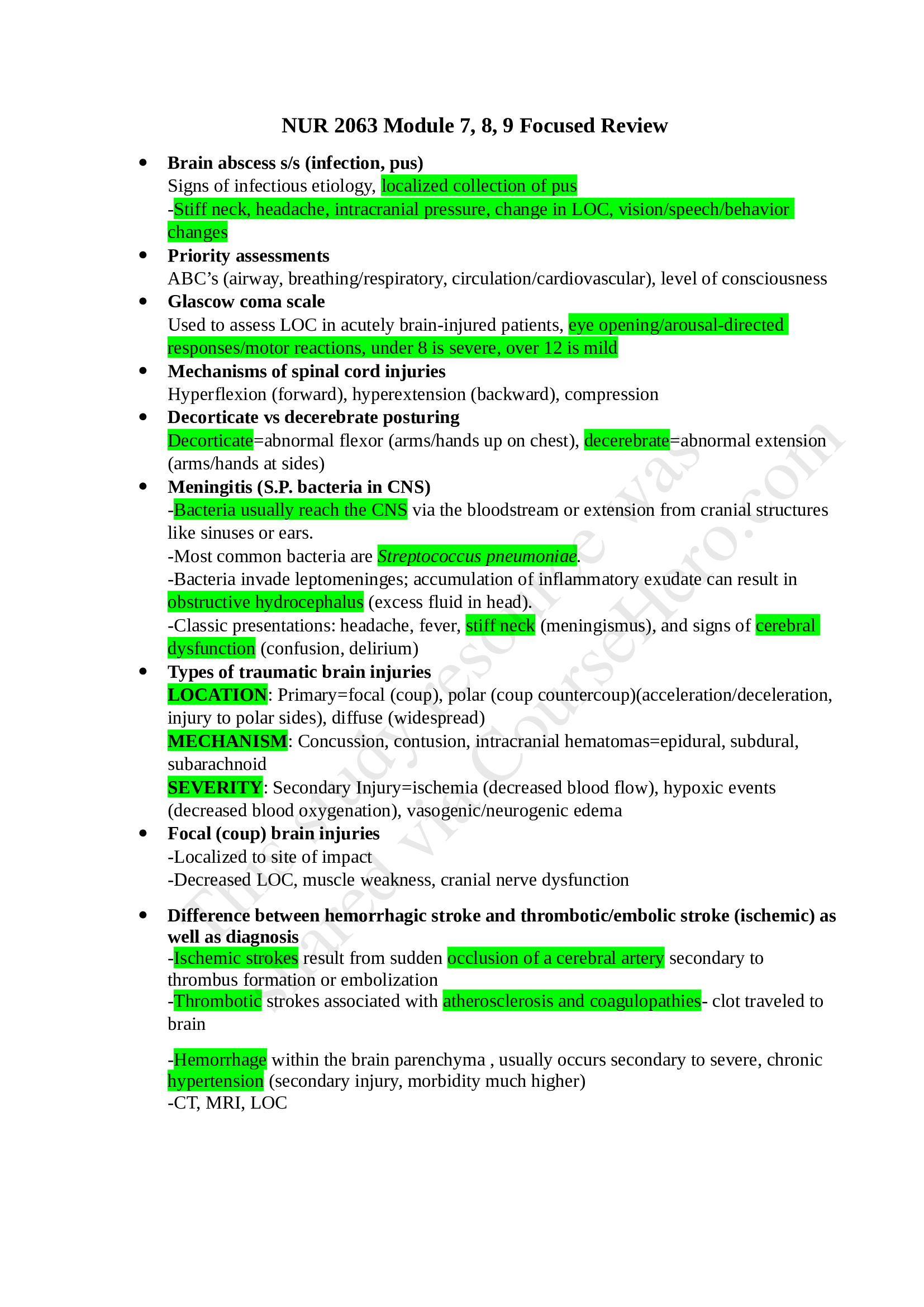 NUR2063 Final Exam module 7,8,9 Focused Review graded A+