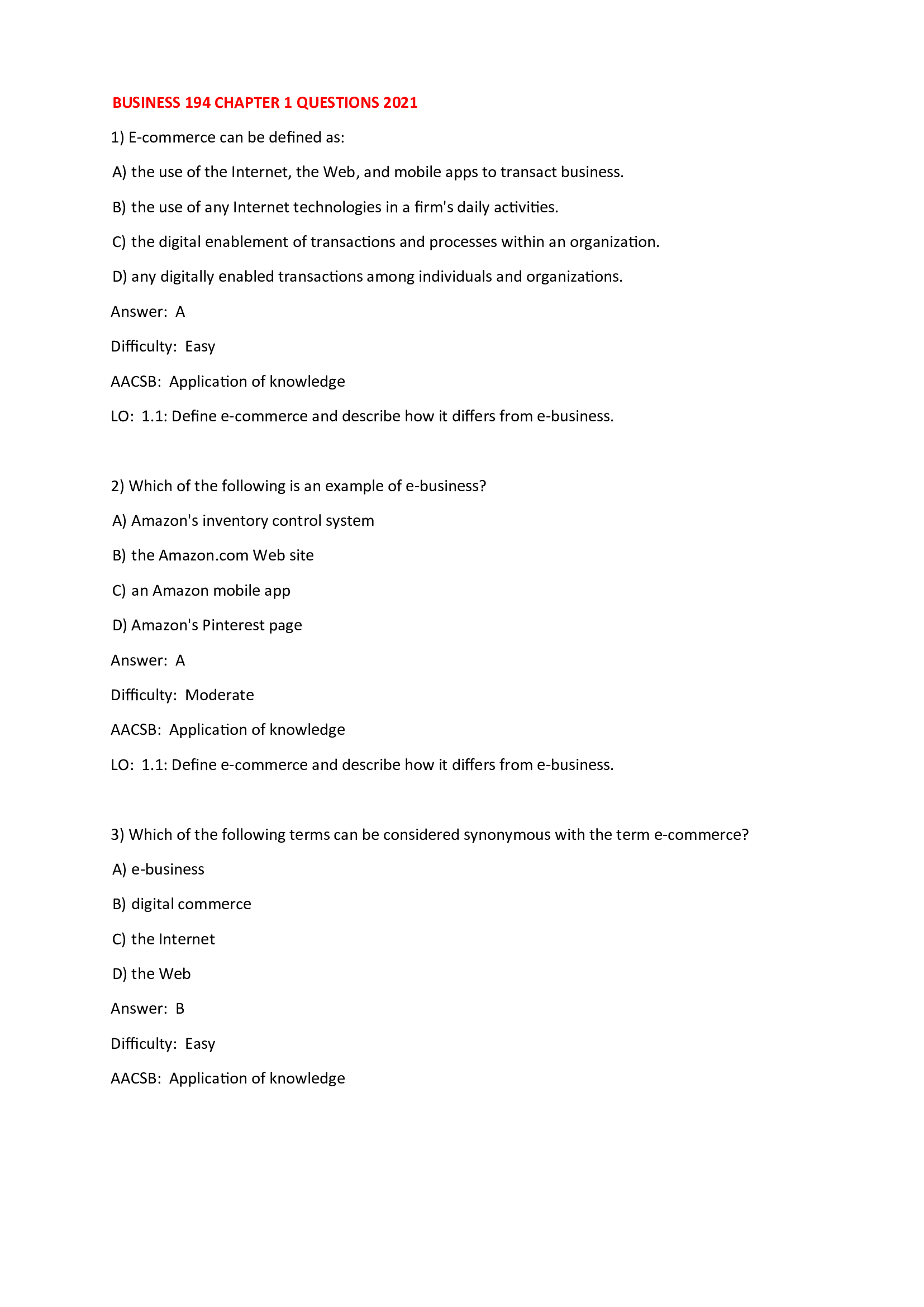 BUSINESS 194 CHAPTER 1 QUESTIONS 2021