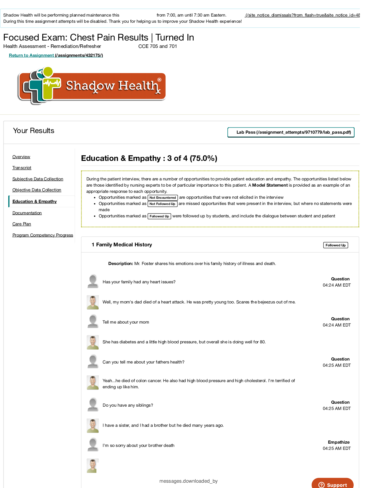 Shadow Health Focused Exam: Chest Pain Education & Empathy module (CCE 705/701)
