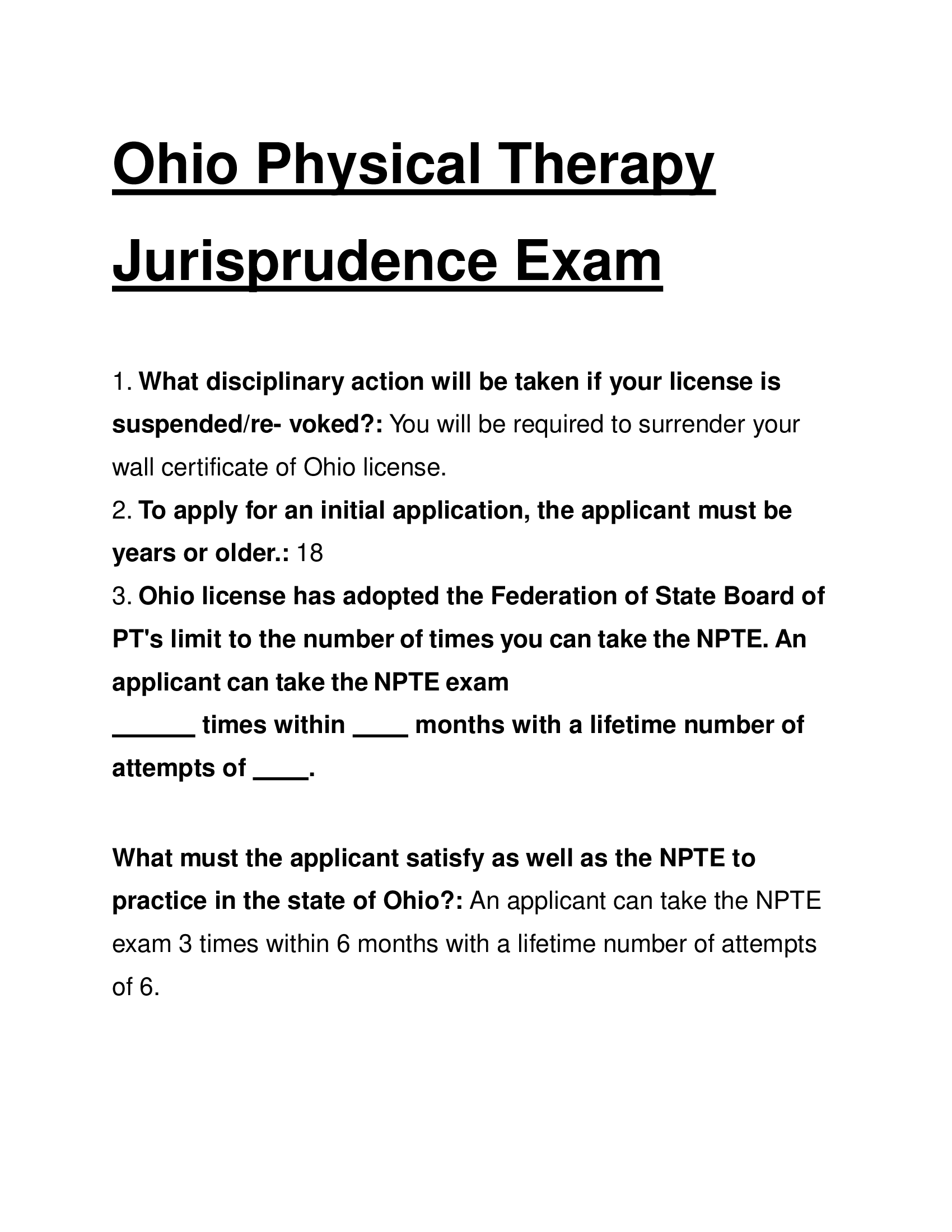 OHIO Physical Therapy Jurisprudence Exam Questions and Answers 2024
