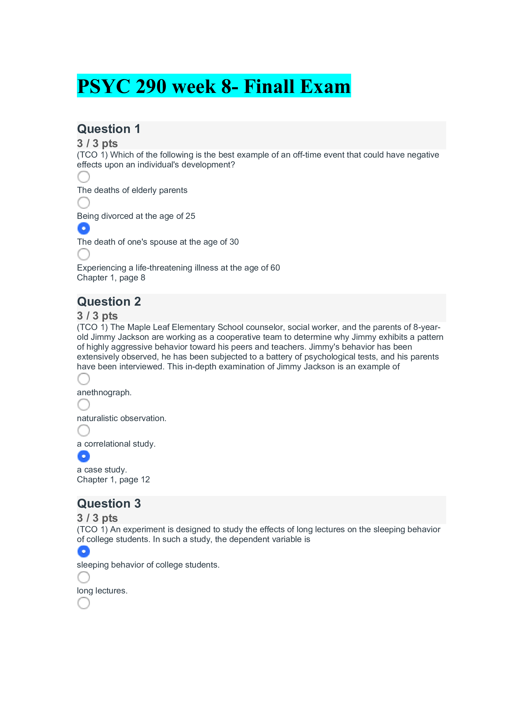 PSYC 290 week 8- Final Exam 2020 with well explained correct answers