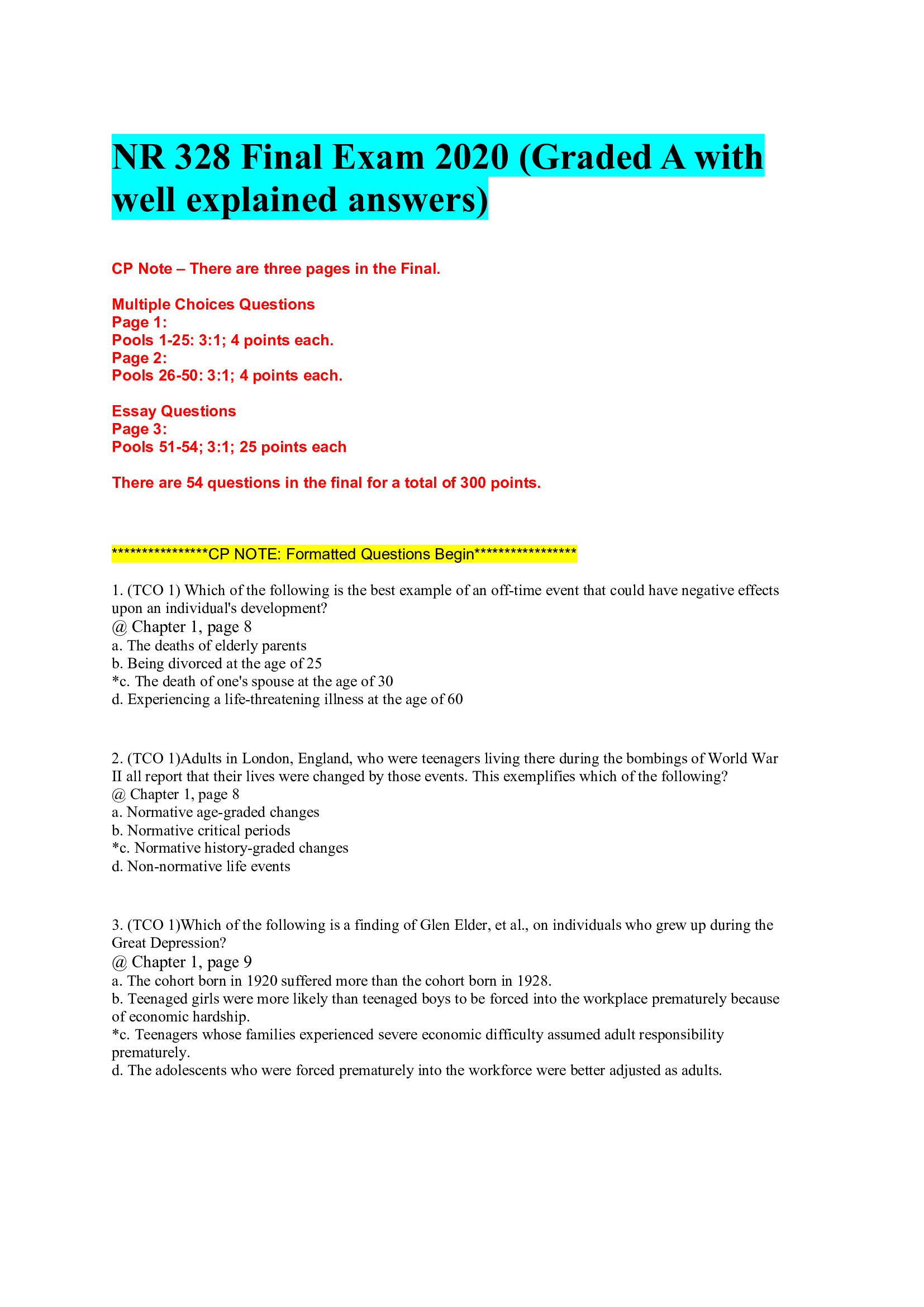 NR 328 Final Exam 2020 (Graded A with well explained answers)