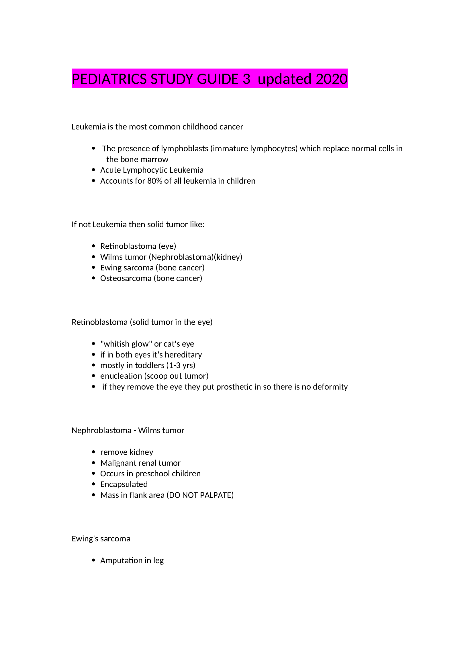 PEDIATRICS STUDY GUIDE 3 updated 2020