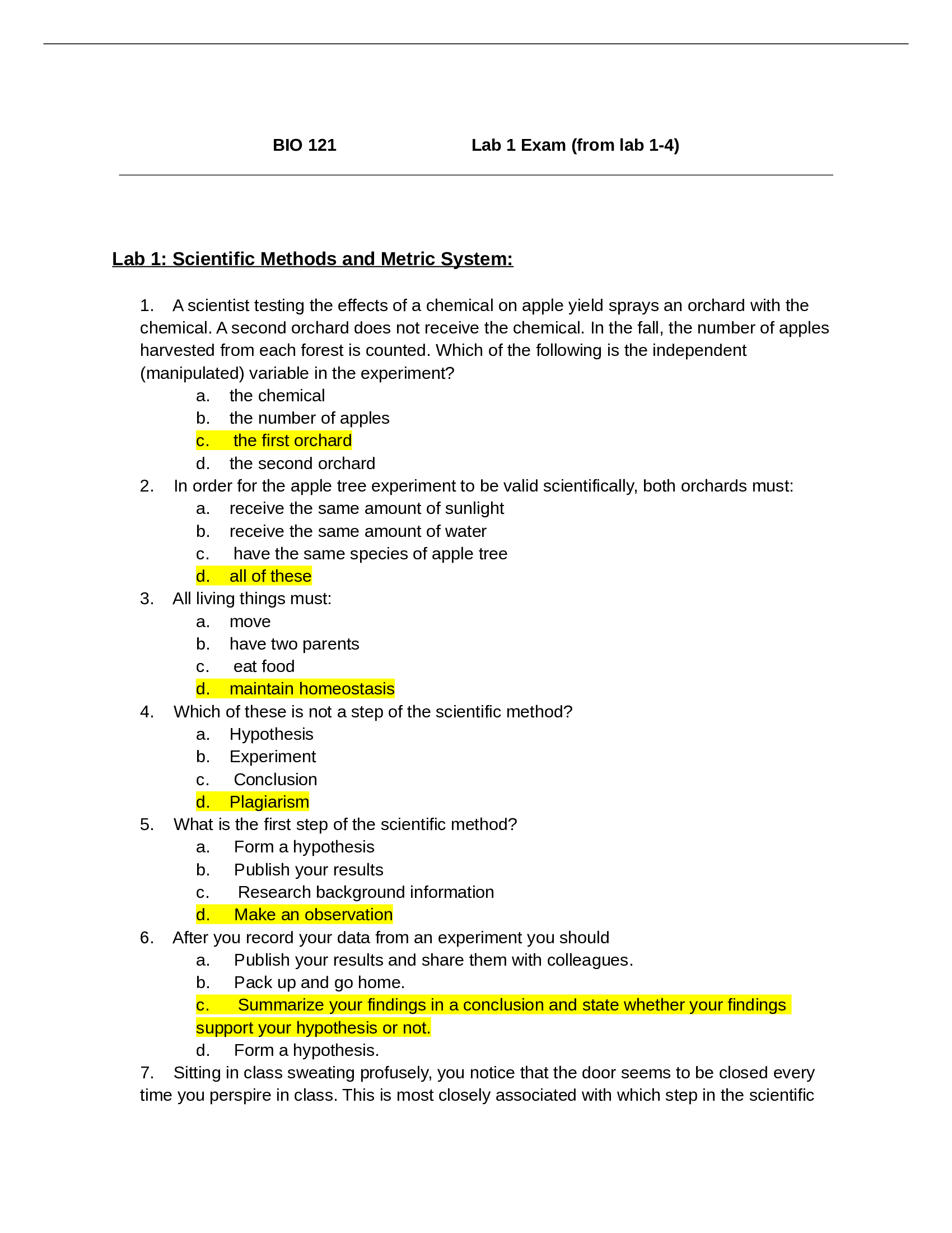 Biology 121 Lab 1-4 (Final Exam)