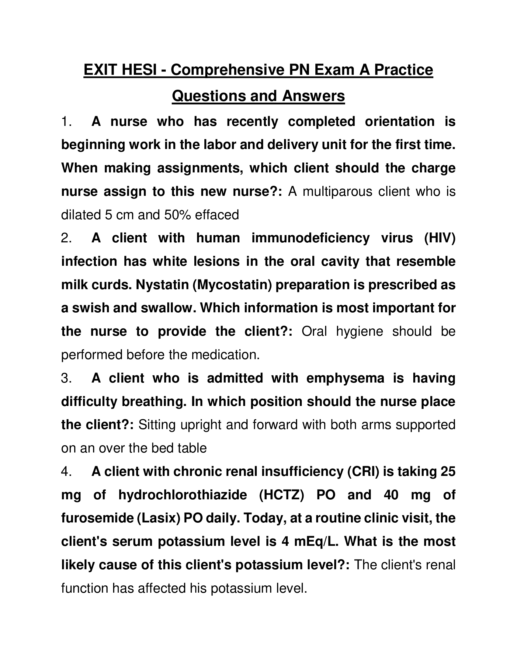 EXIT HESI - Comprehensive PN Exam A Practice Questions and Answers