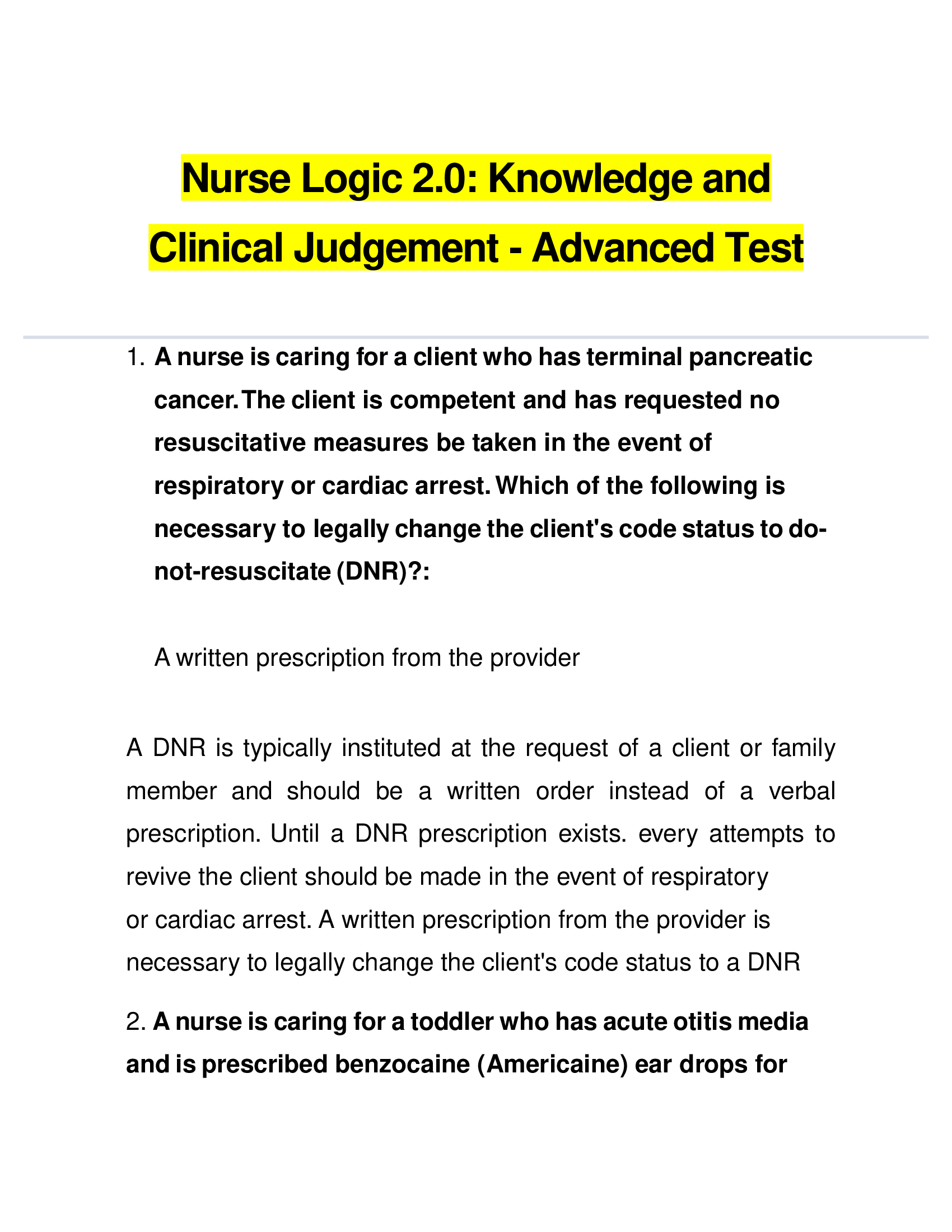 Nurse Logic 2.0, Knowledge and Clinical Judgement - 2022 Advanced Test