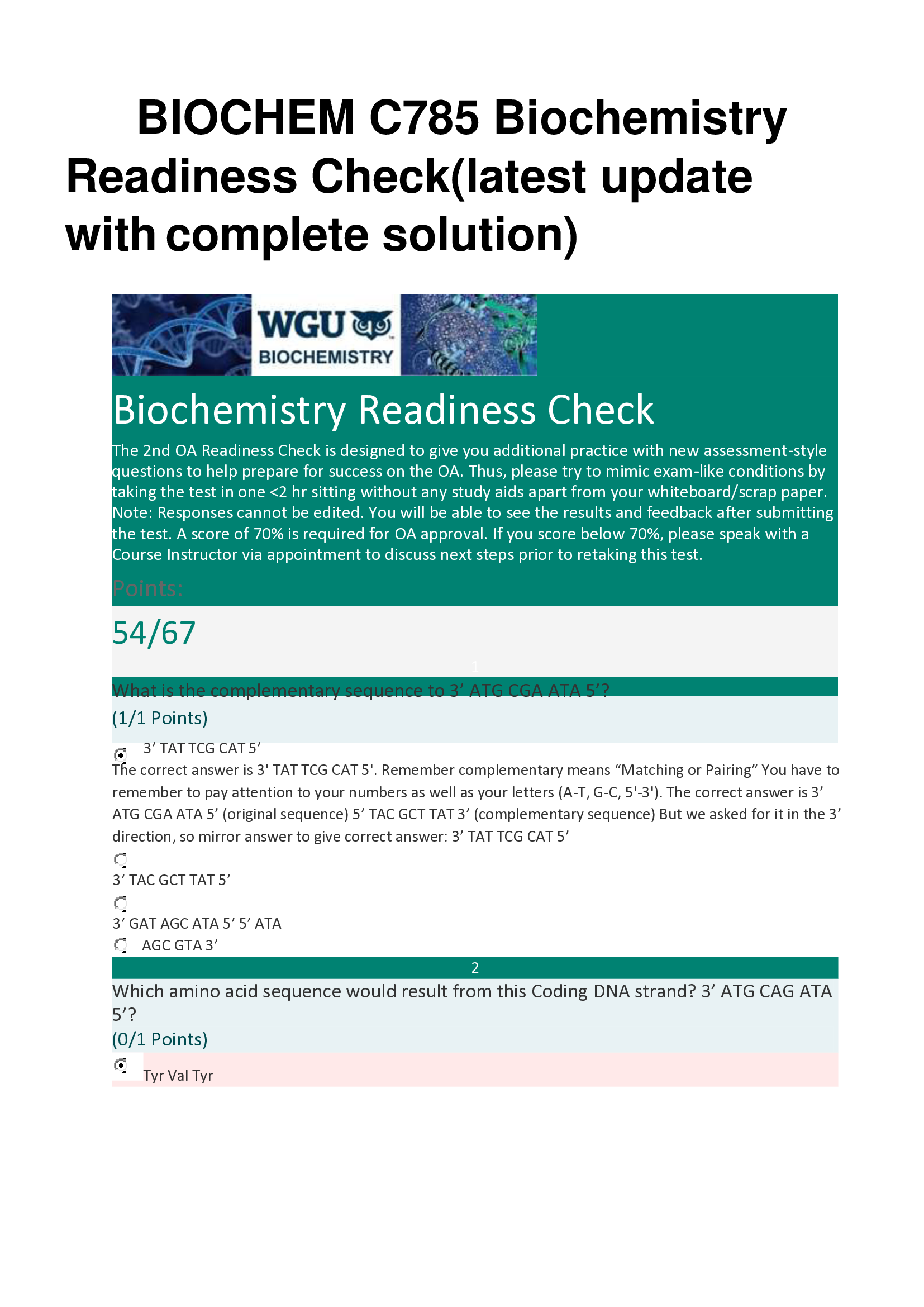 BIOCHEM C785 Biochemistry Readiness Check(latest update with  complete solution)