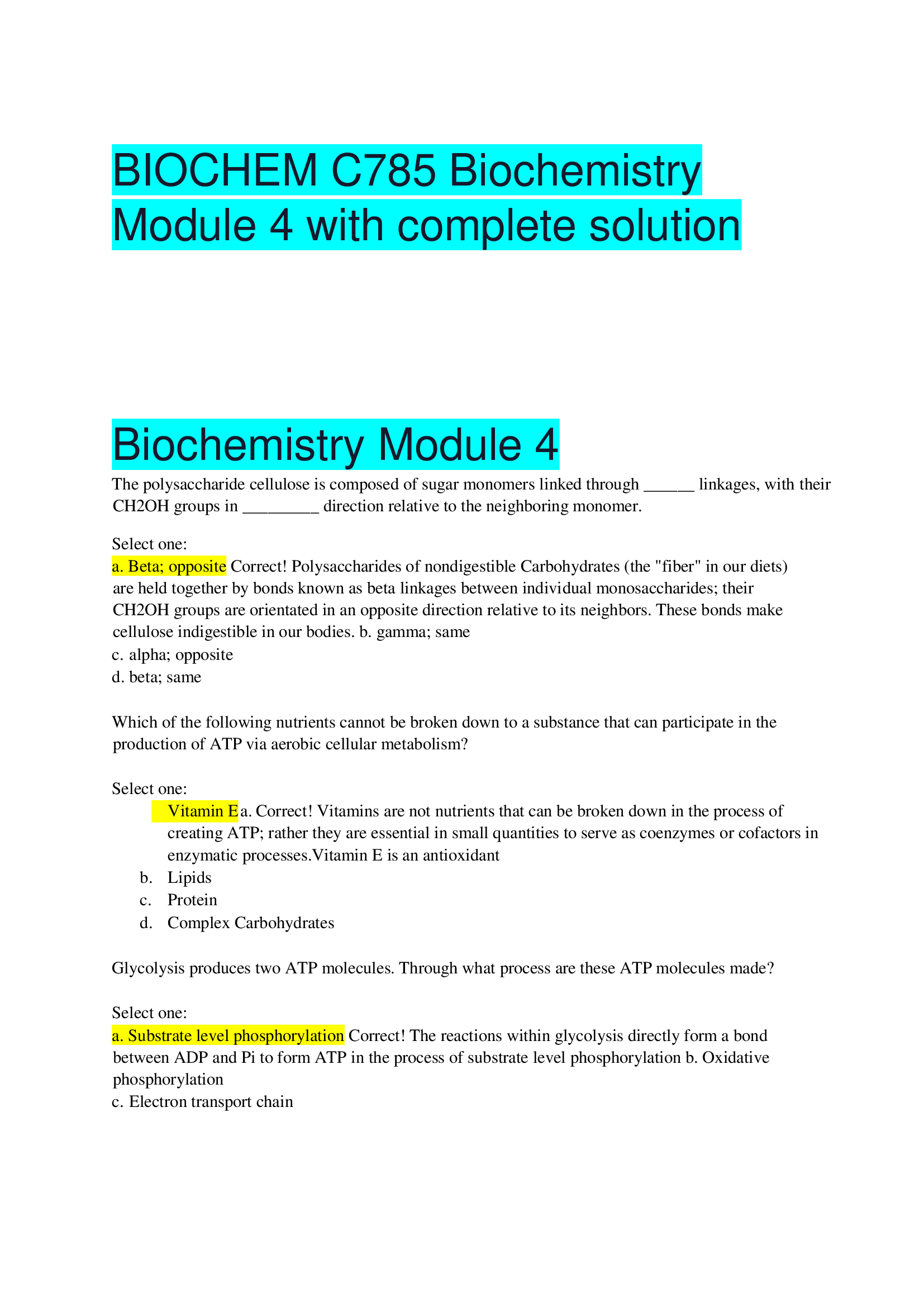 BIOCHEM C785 Biochemistry Module 4 with complete solution
