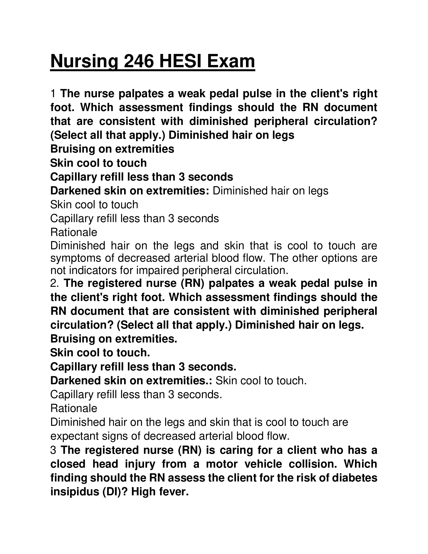 Nursing 246 HESI Practice Questions – Comprehensive Exam Review for Clinical Scenarios and Nursing Interventions