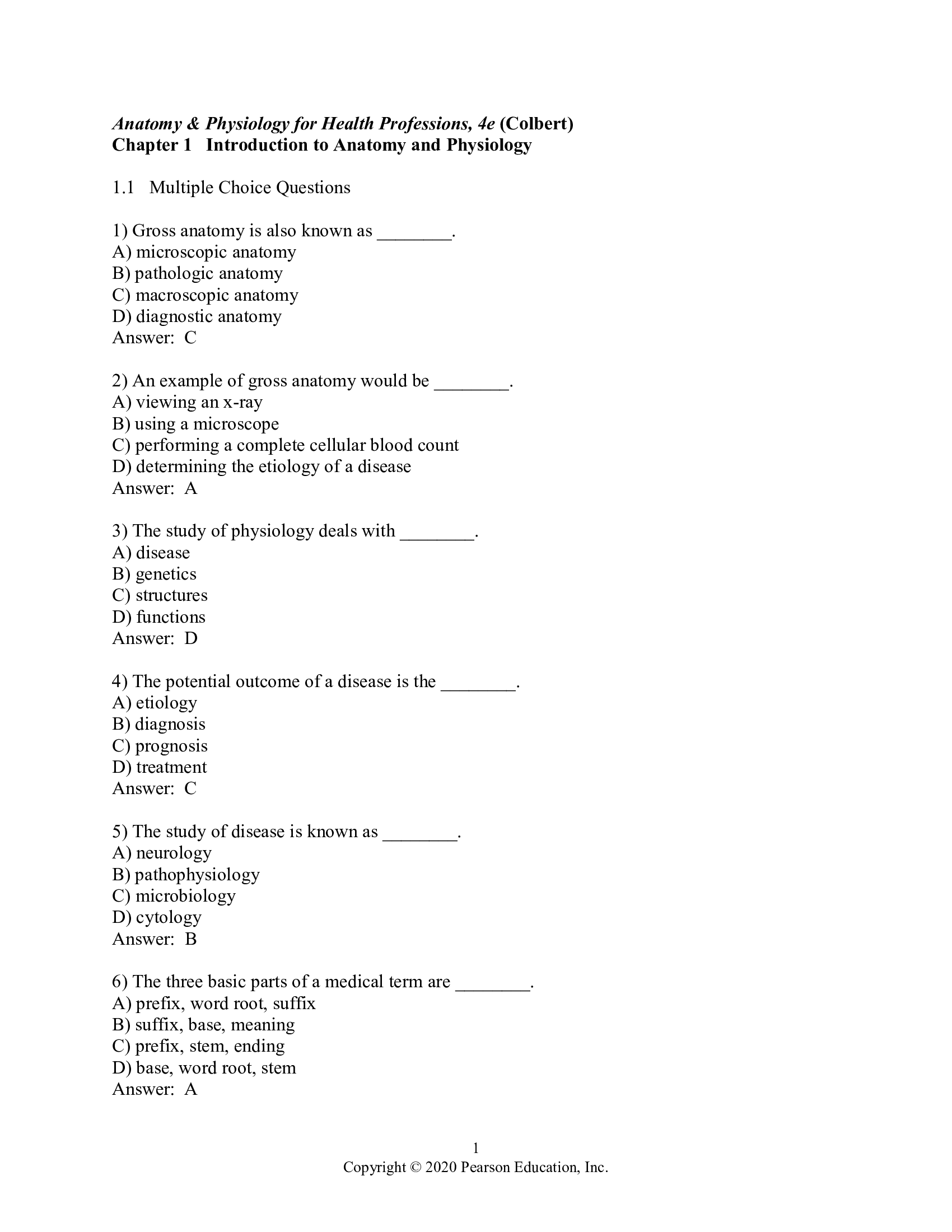 Test Bank for Anatomy and Physiology for Health Professions 4th Edition by Colbert