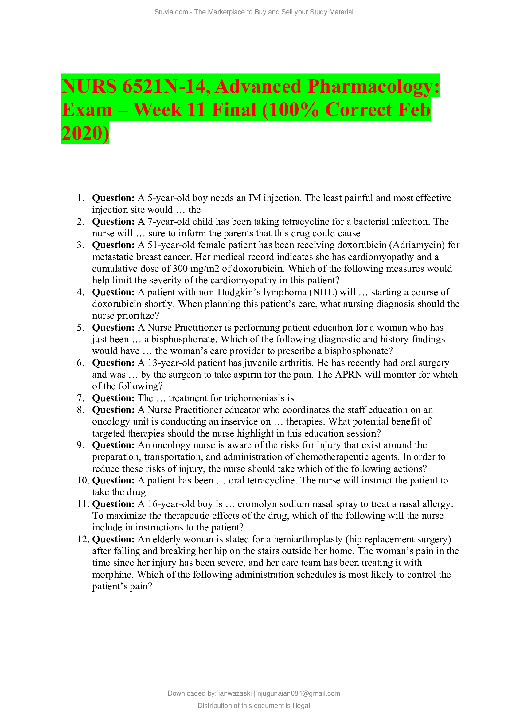 NURS 6521N-14, Advanced Pharmacology; Exam – Week 11 Final (100% Correct Feb 2020)