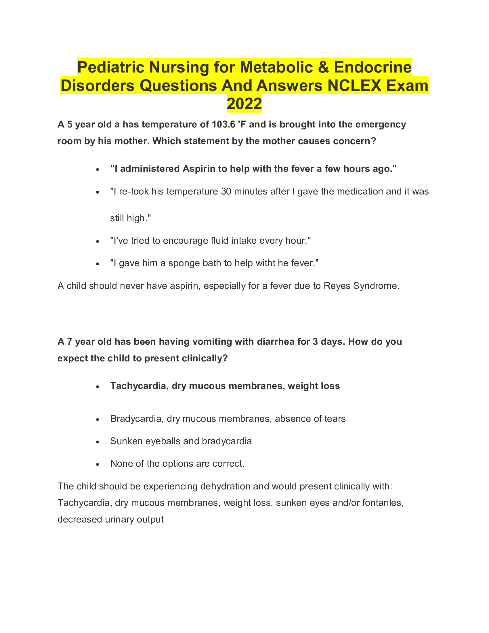 Pediatric Nursing for Metabolic & Endocrine Disorders Questions And Answers NCLEX Exam