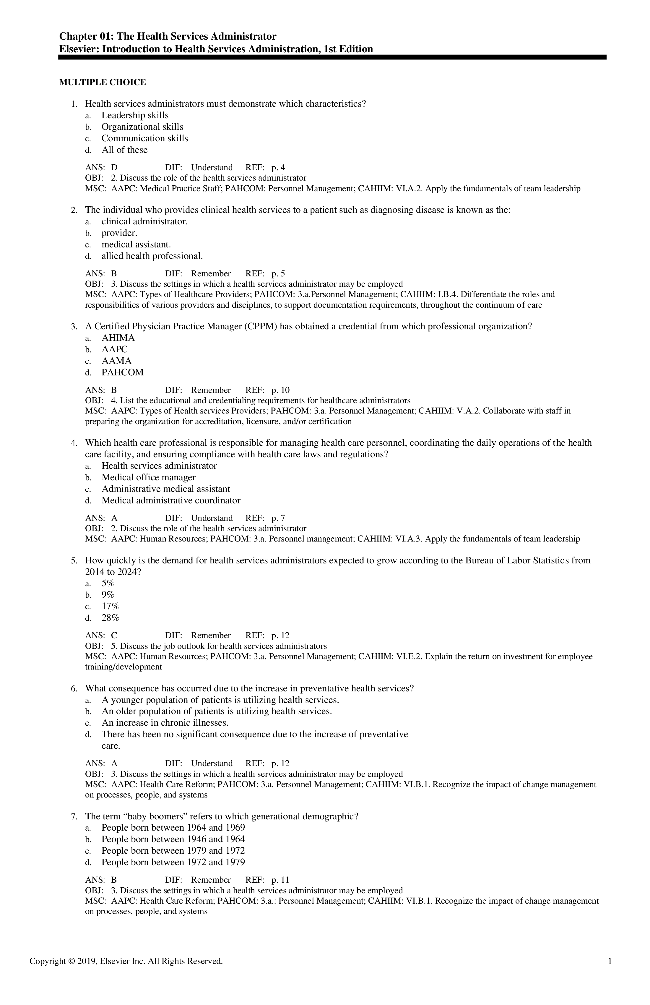 Test Bank for Introduction to Health Services Administration 1st Edition Elsevier
