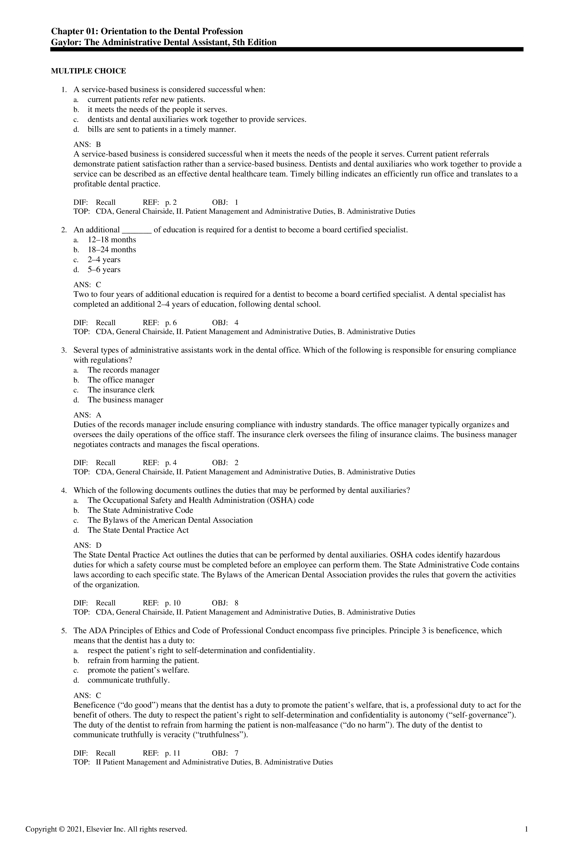 Test Bank for The Administrative Dental Assistant 5th Edition by Gaylor