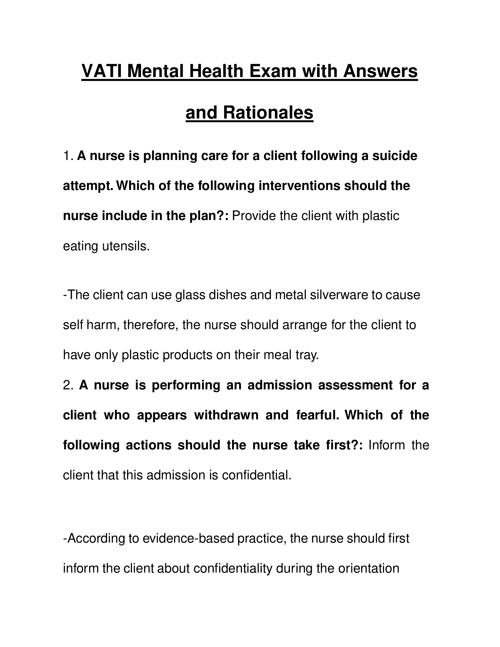 VATI Mental Health Exam with Answers and Rationales