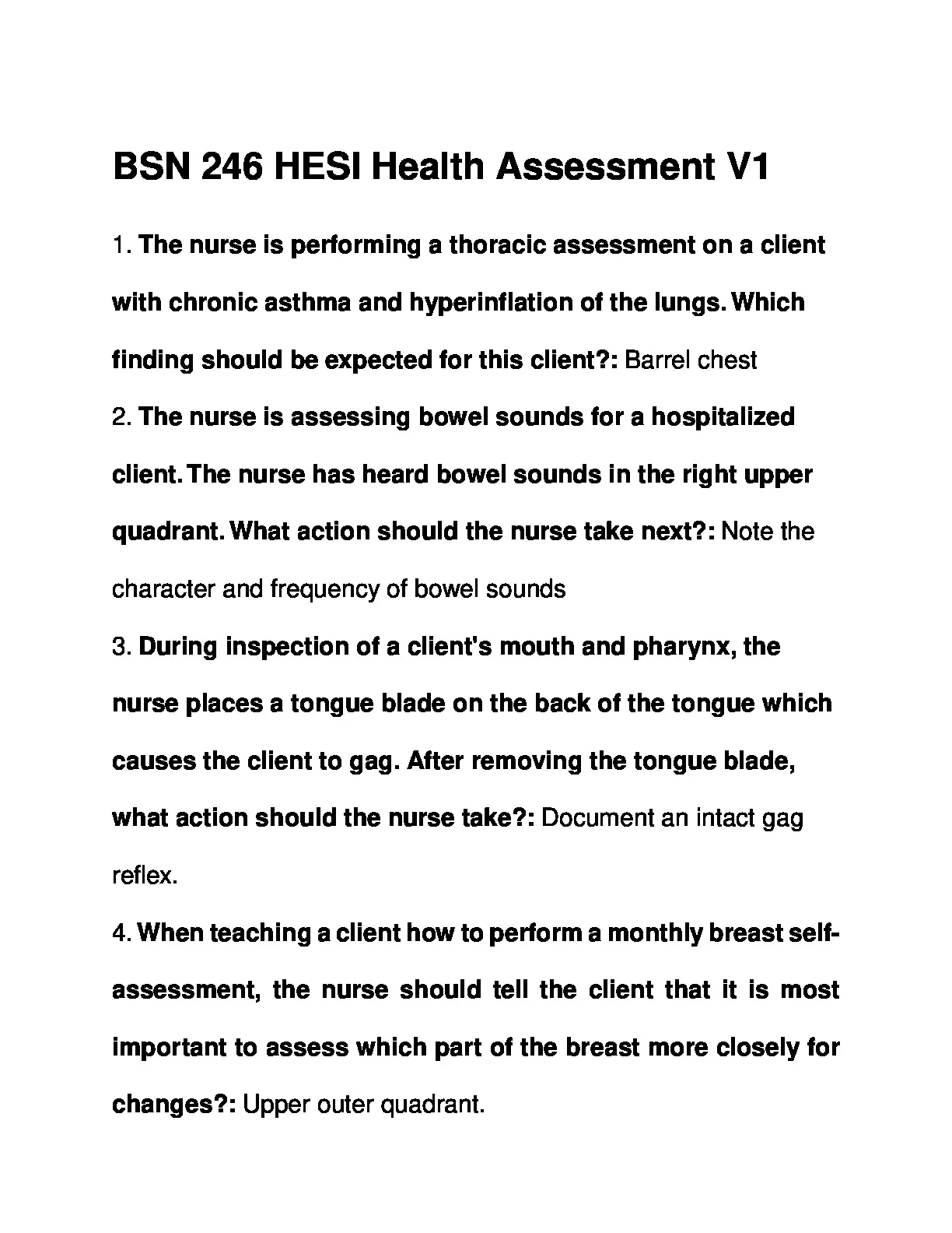 BSN 246 HESI Health Assessment  Version 1– Key Concepts and Clinical Practice Questions