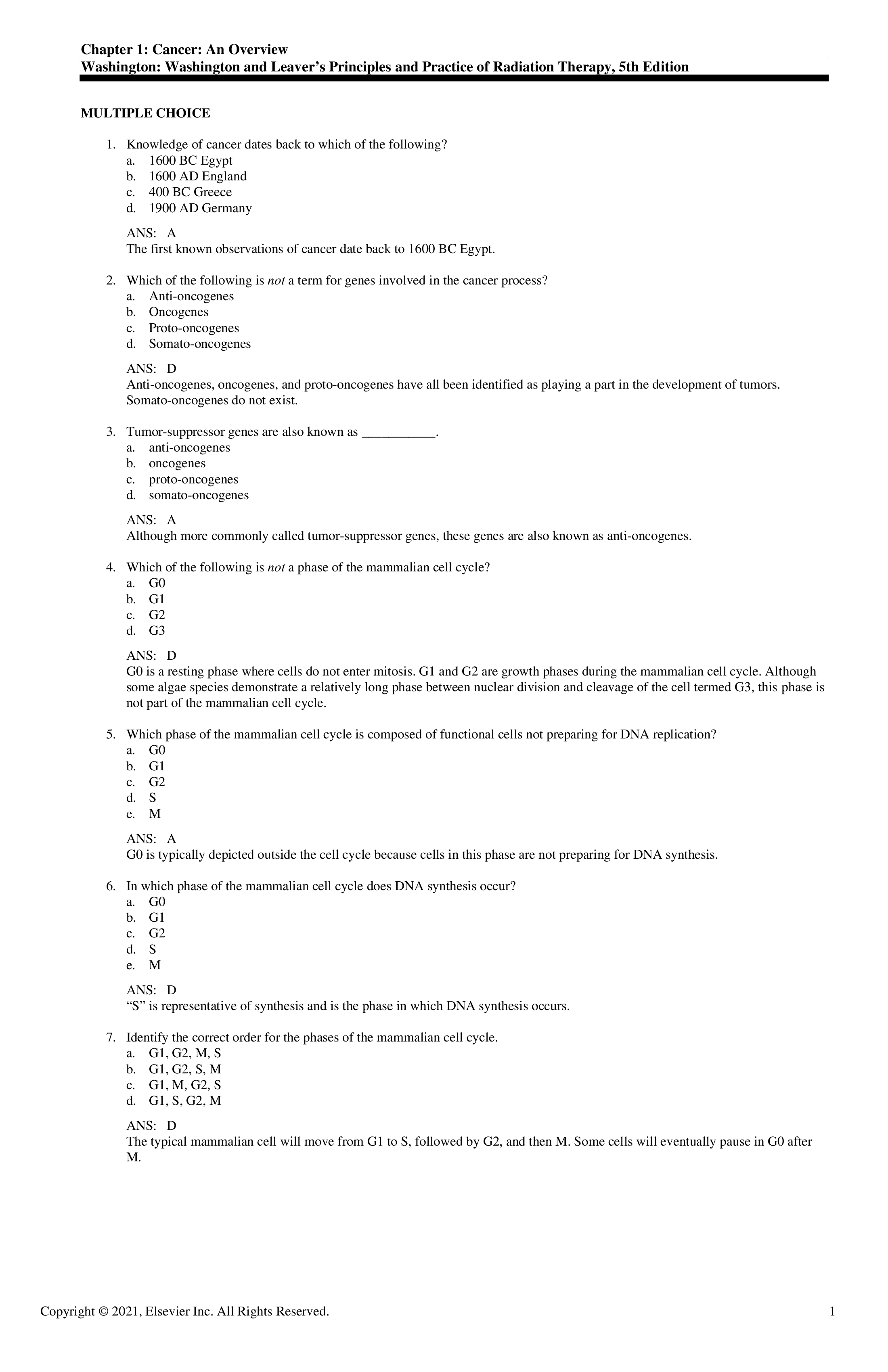 Test Bank for Washington and Leavers Principles and Practice of Radiation Therapy 5th Edition by Washington