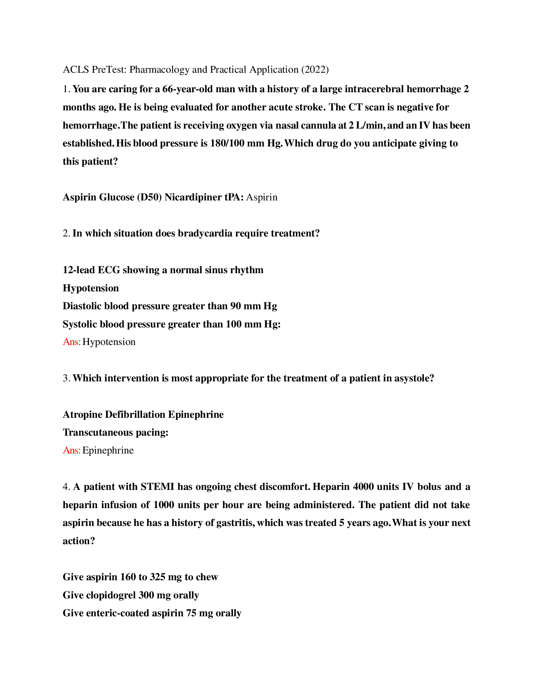 (Answered) ACLS PreTest, Pharmacology and Practical Application (2026 Update)