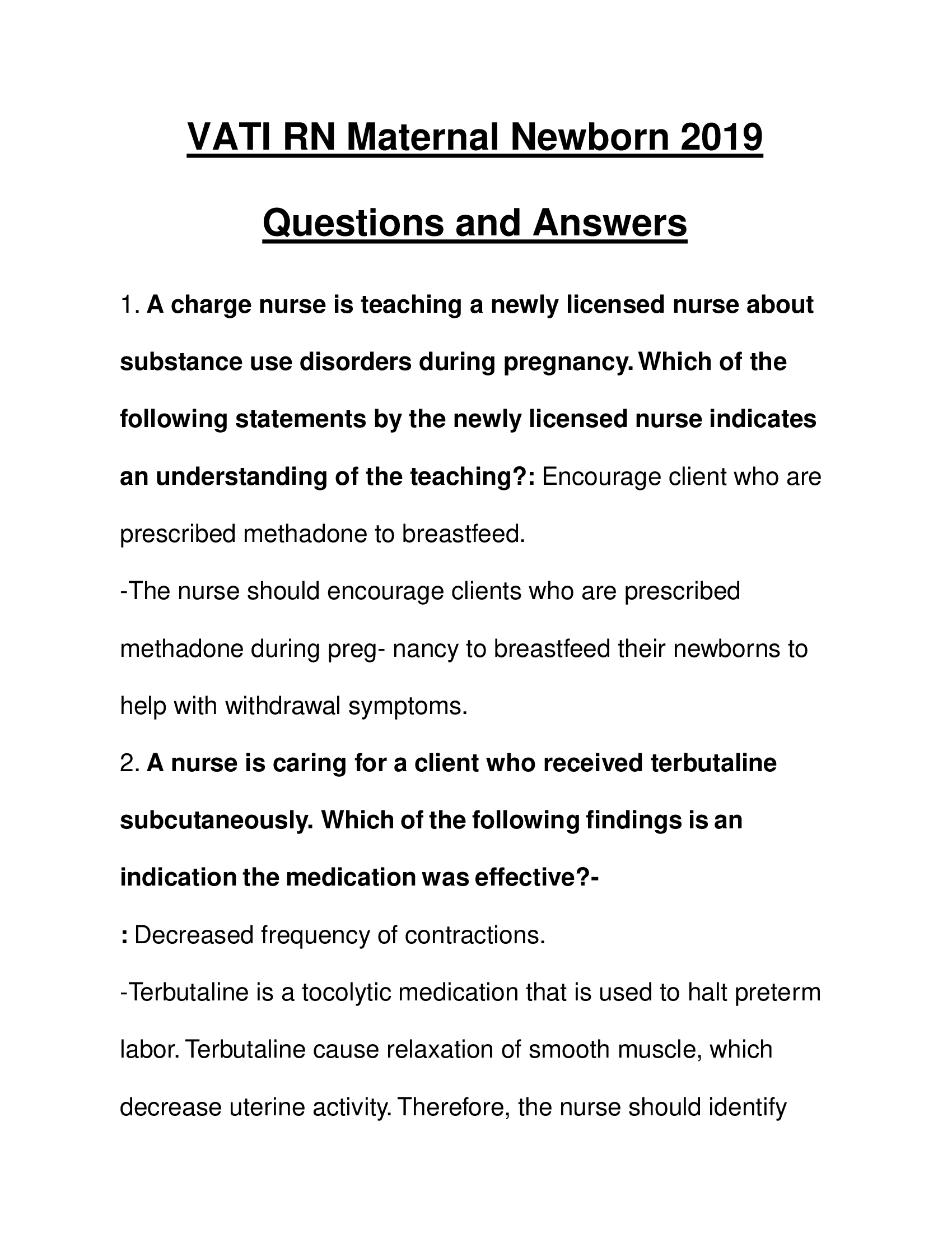 VATI RN Maternal Newborn 2019 Questions and Answers