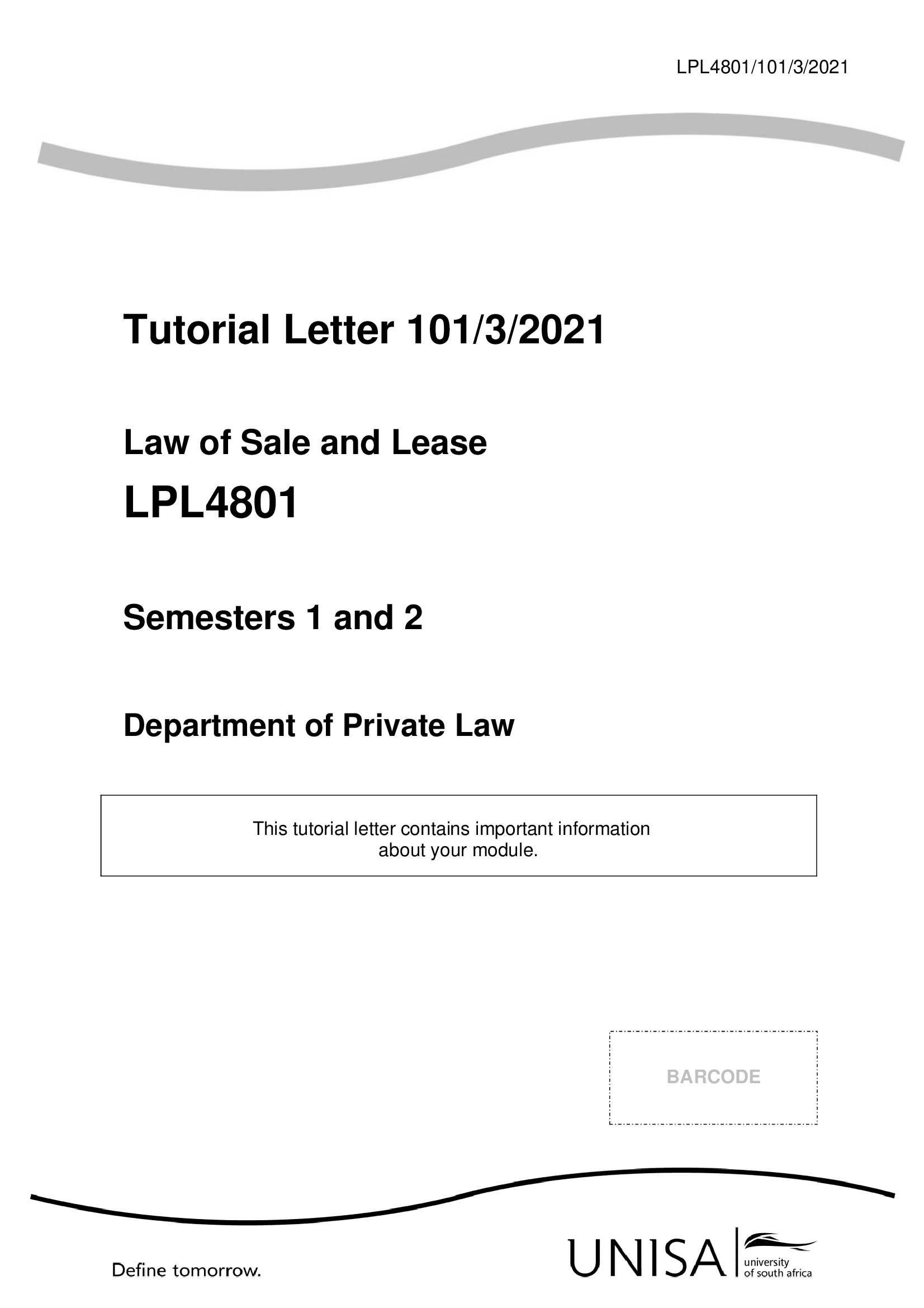 Tutorial Letter 101, 3, 2021 Law of Sale and Lease LPL4801 MCQ EXAM PACK 2026