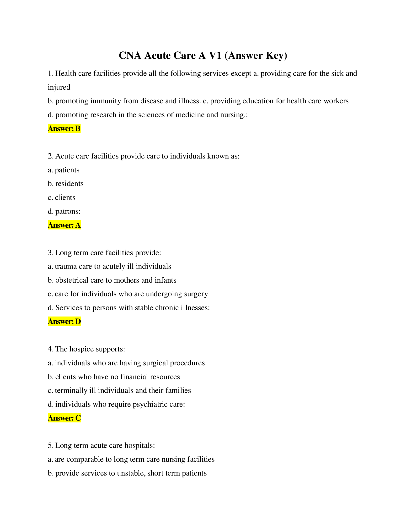 CNA Acute Care A V1 (Answer Key)