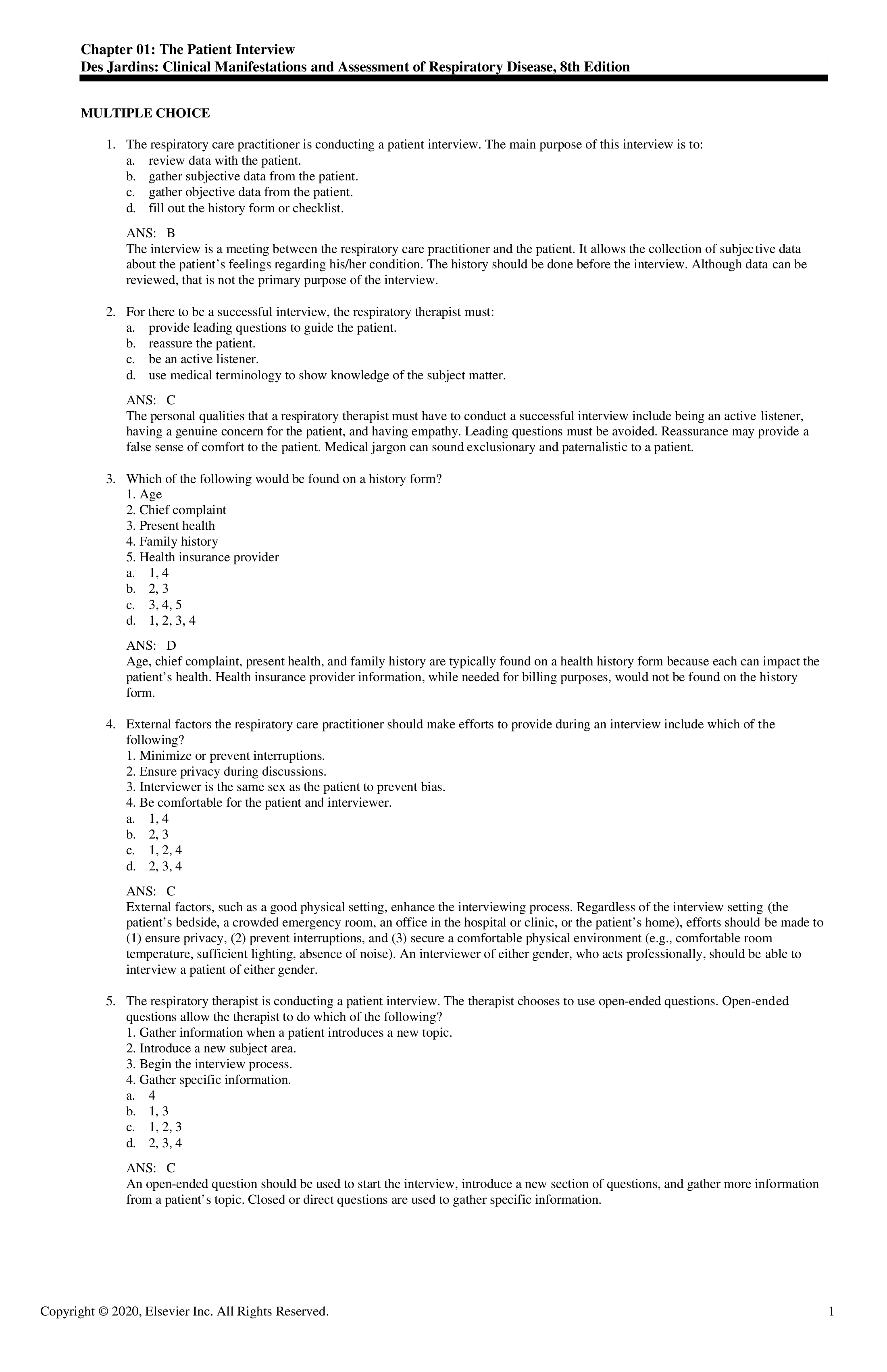 Test Bank for Clinical Manifestations and Assessment of Respiratory Disease 8th Edition, Author: Des Jardins