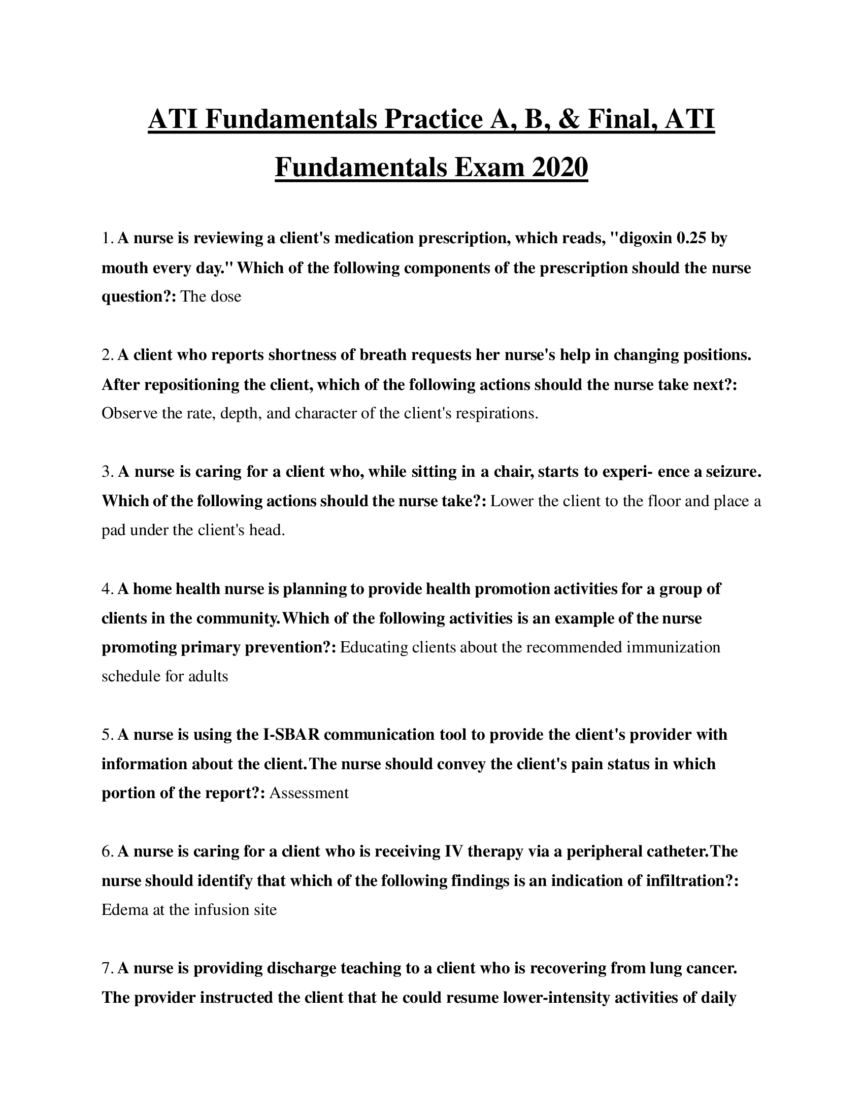 ATI Fundamentals Practice A, B, & Final, ATI Fundamentals Exam 2020