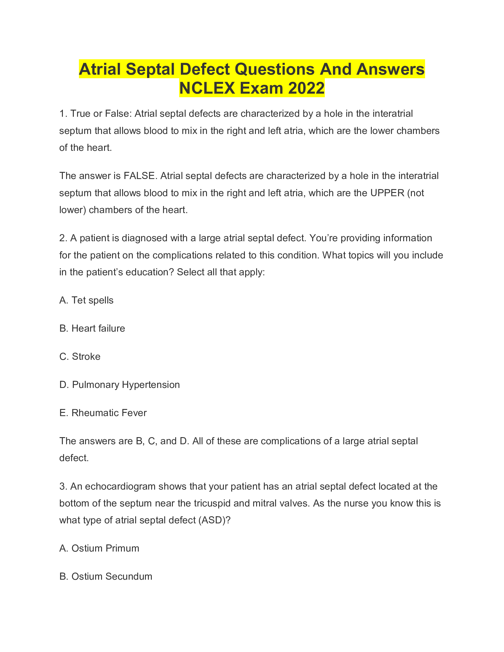 Atrial Septal Defect Questions And Answers NCLEX Exam 2022