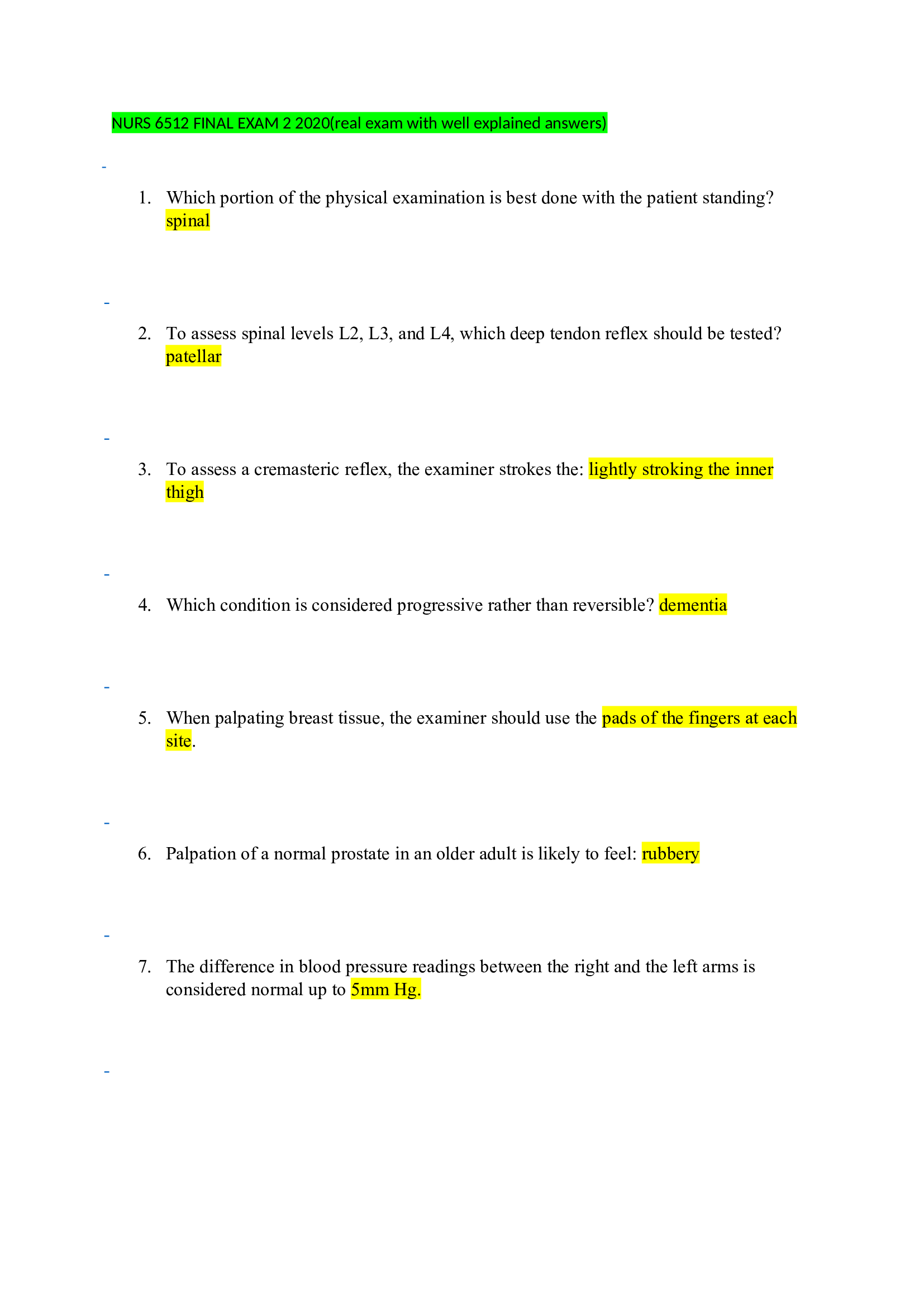 NURS 6512 FINAL EXAM 2 2020(real exam with well explained answers)