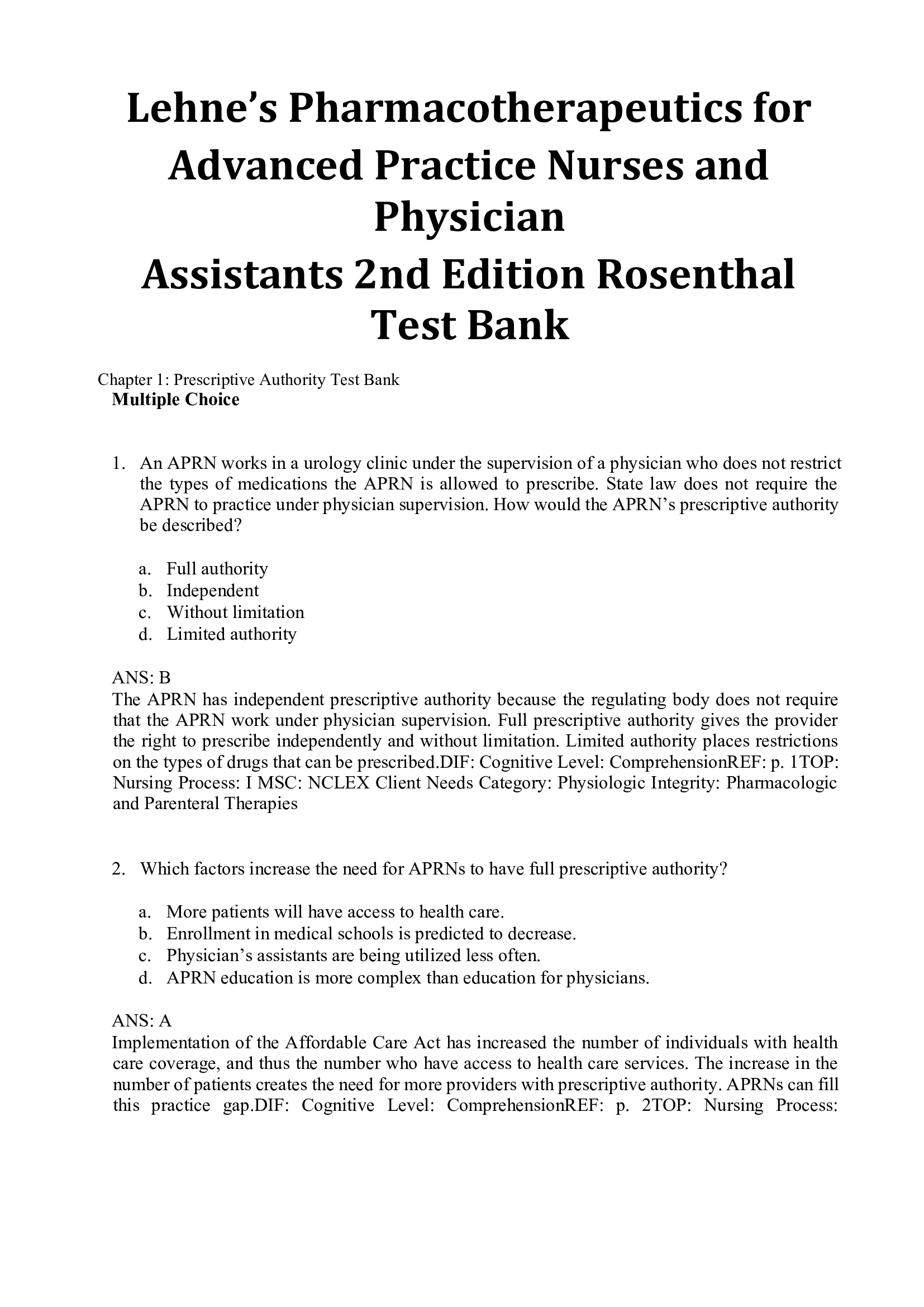 Lehne’s Test Bank for Pharmacotherapeutics for Advanced Practice Nurses and Physician Assistants 2nd Edition Rosenthal