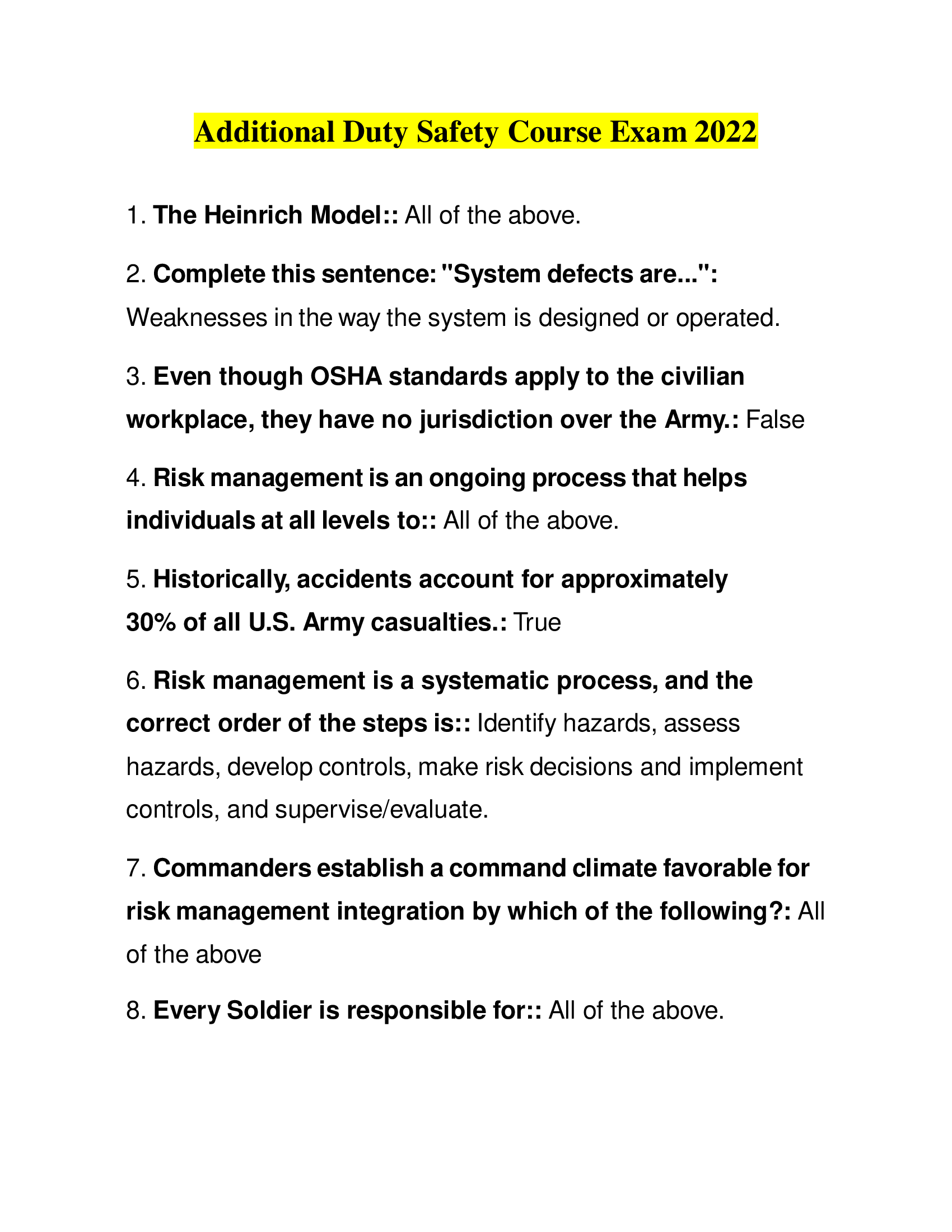 Additional Duty Safety Course Exam 2022