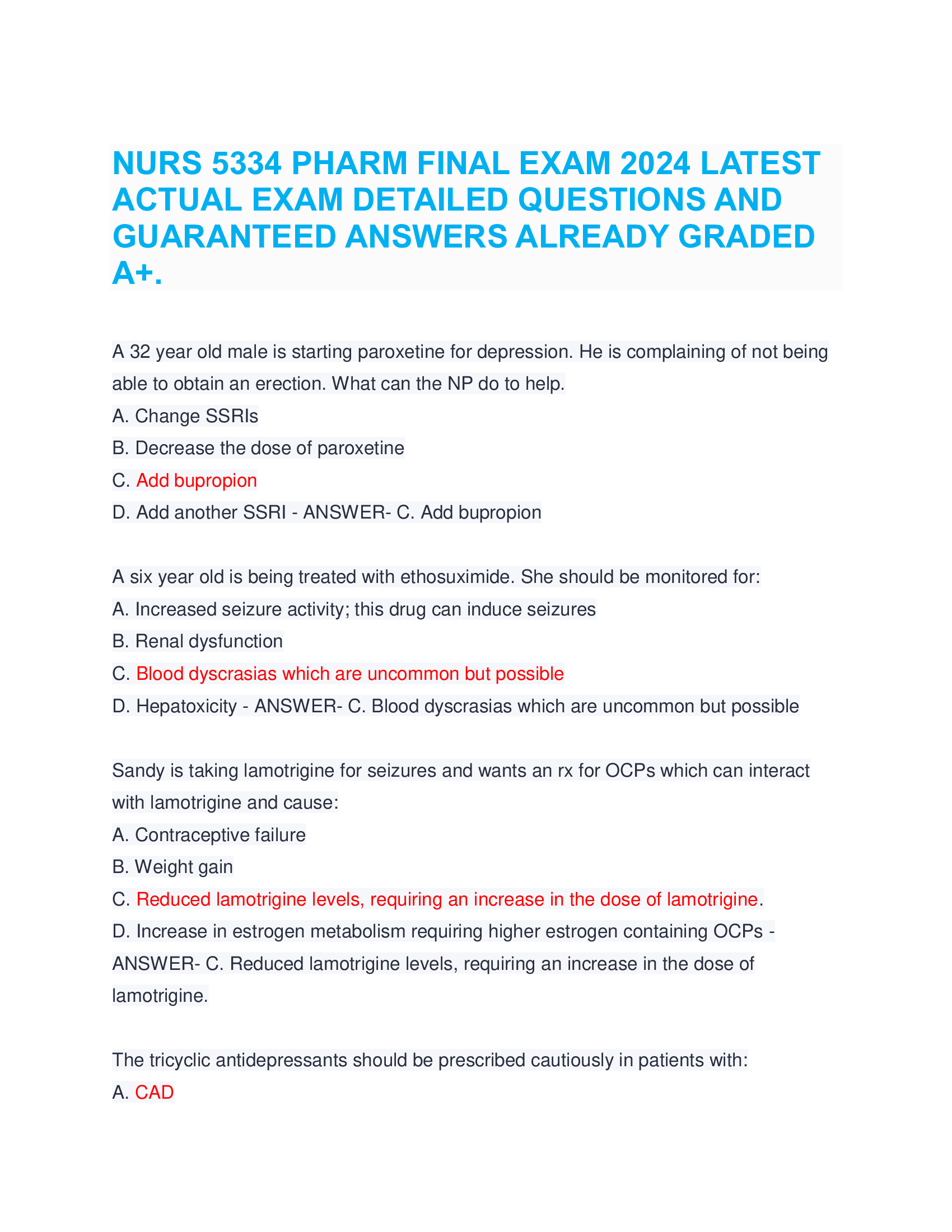 NURS 5334 Pharmacology Final Exam 2026 – Latest Real Exam Questions with Guaranteed A+ Answers