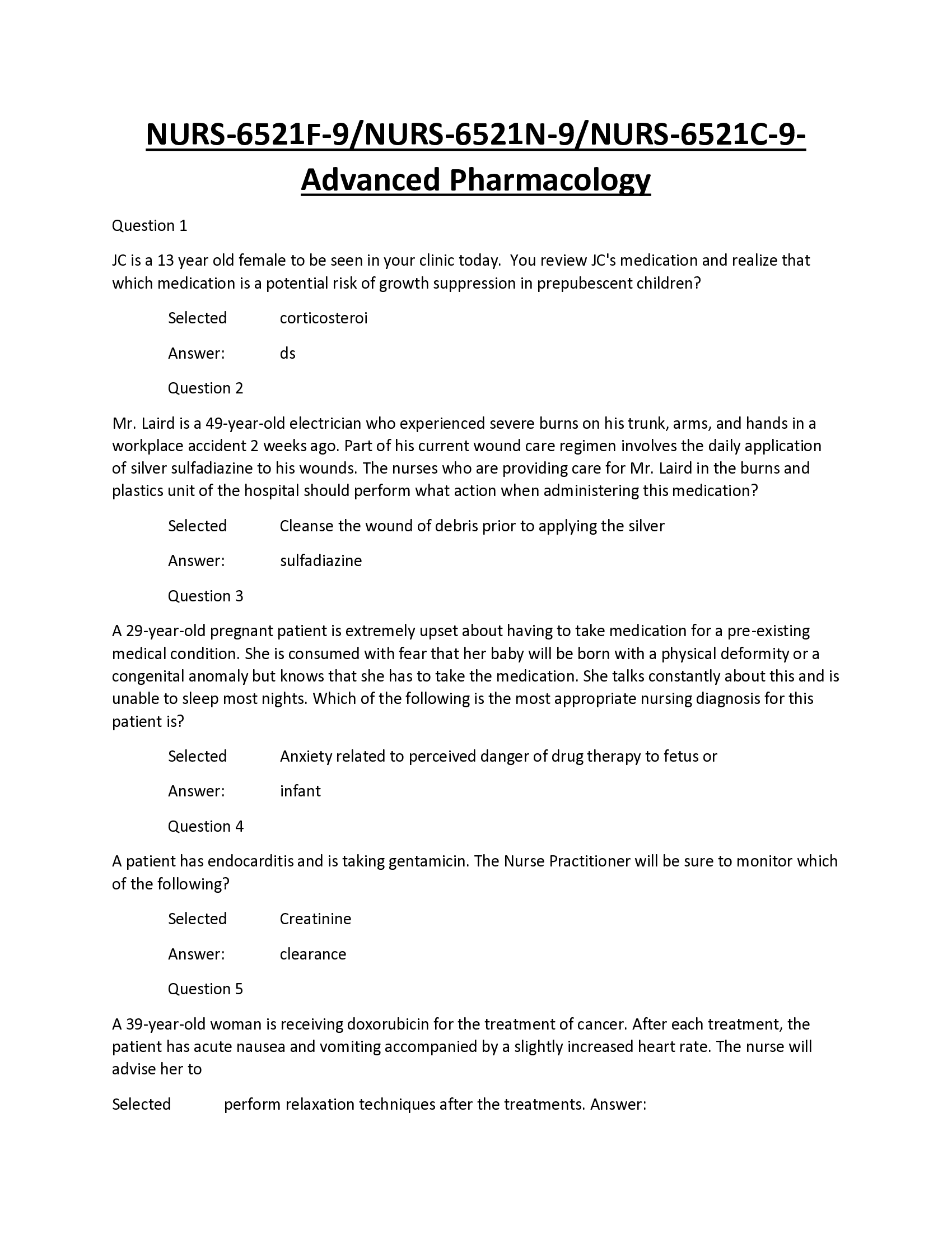 NURS-6521F-9, NURS-6521N-9, NURS-6521C-9 Advanced Pharmacology Exam (Solved!)