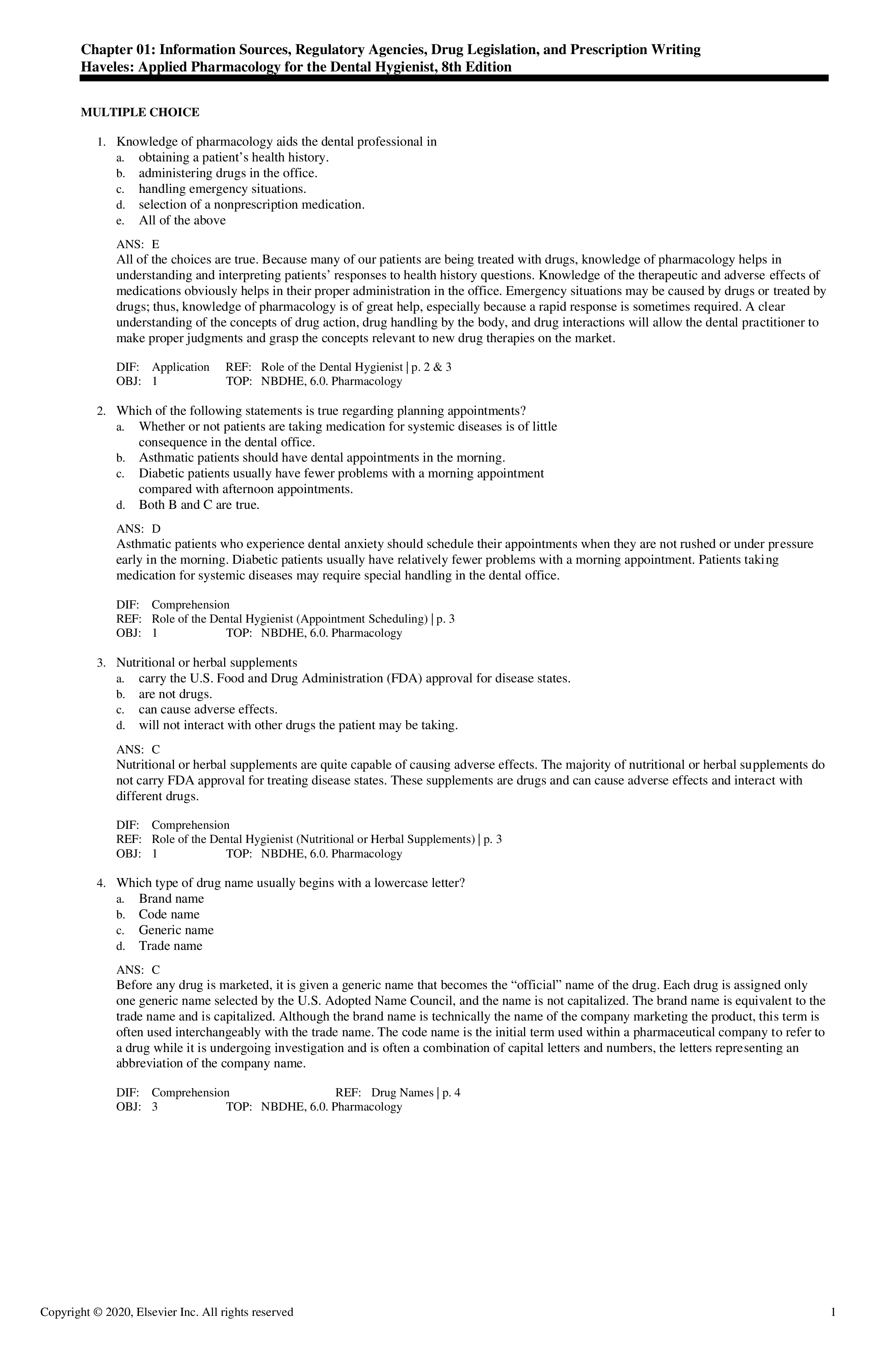 Test Bank for Applied Pharmacology for the Dental Hygienist 8th Edition by Haveles