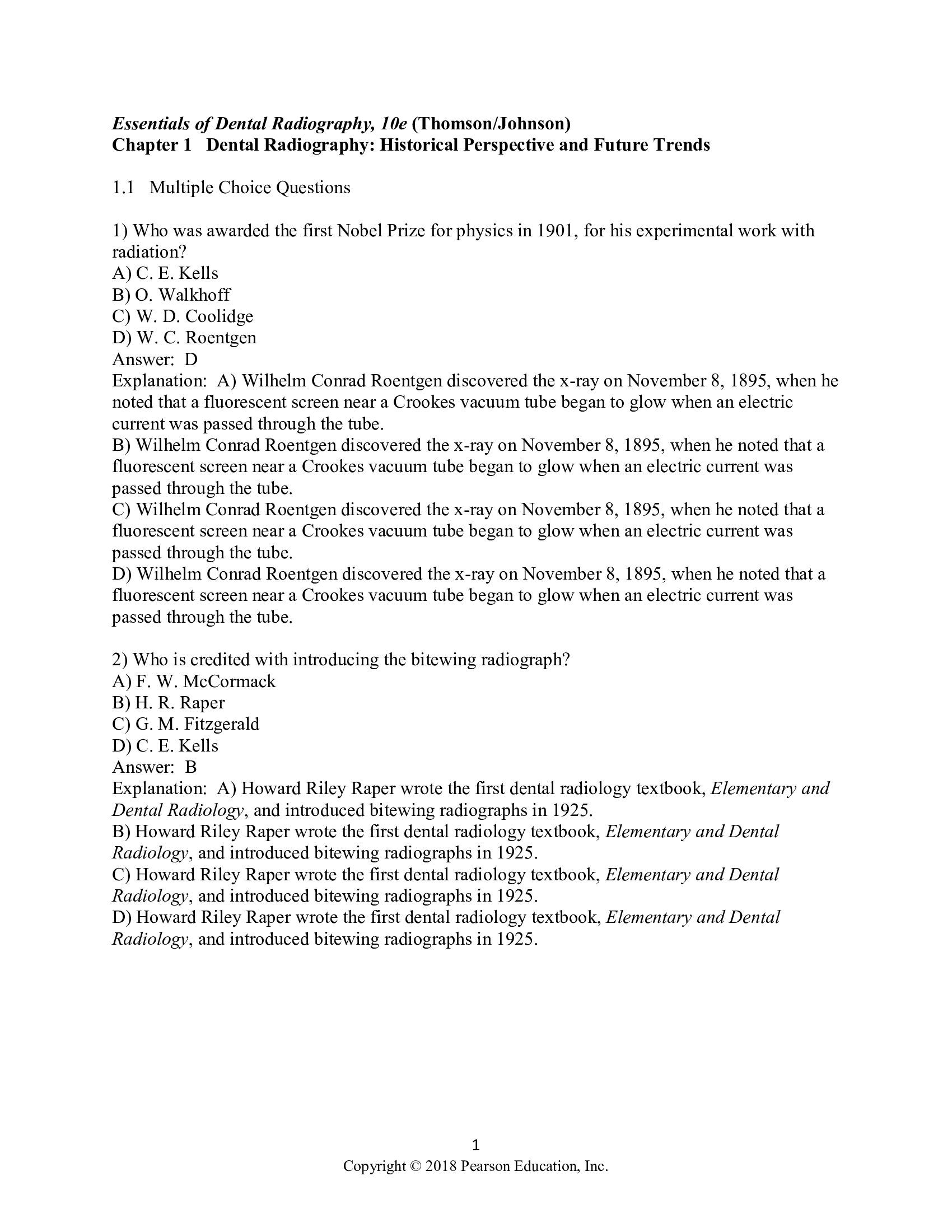 Test Bank for Essentials of Dental Radiography for Dental Assistants and Hygienists 10th Edition by Thomson