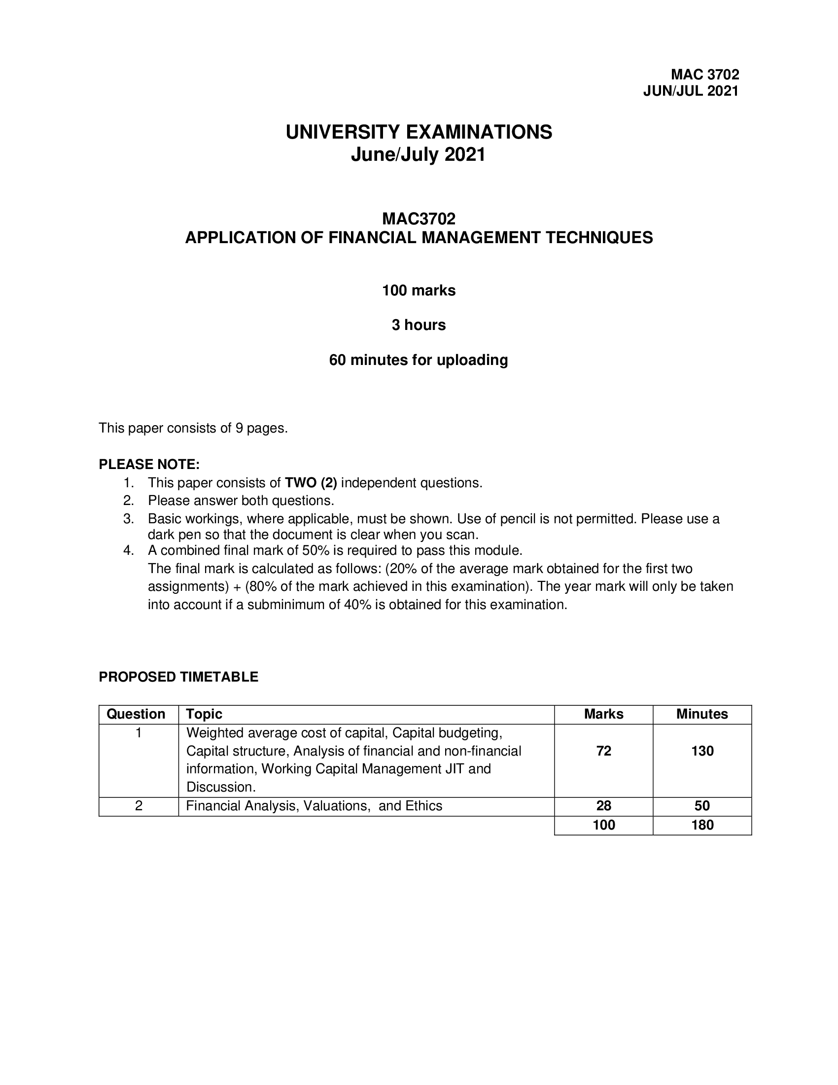 MAC3702 APPLICATION OF FINANCIAL MANAGEMENT TECHNIQUES EXAM June; July 2021