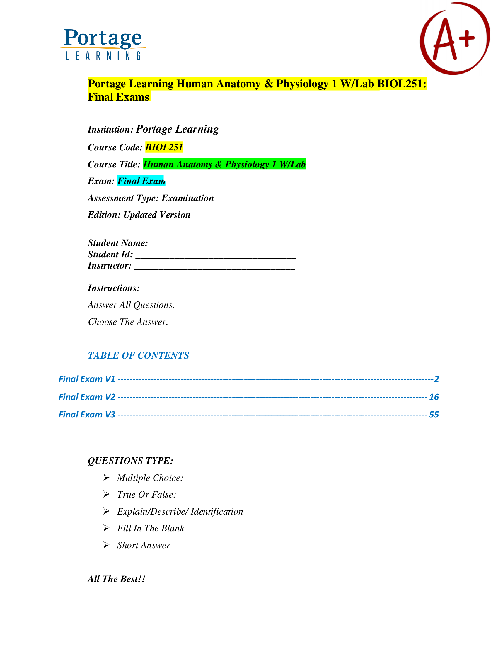 Portage Learning BIOL 251 Human Anatomy and Physiology I Final Exam | Complete Questions & Answers