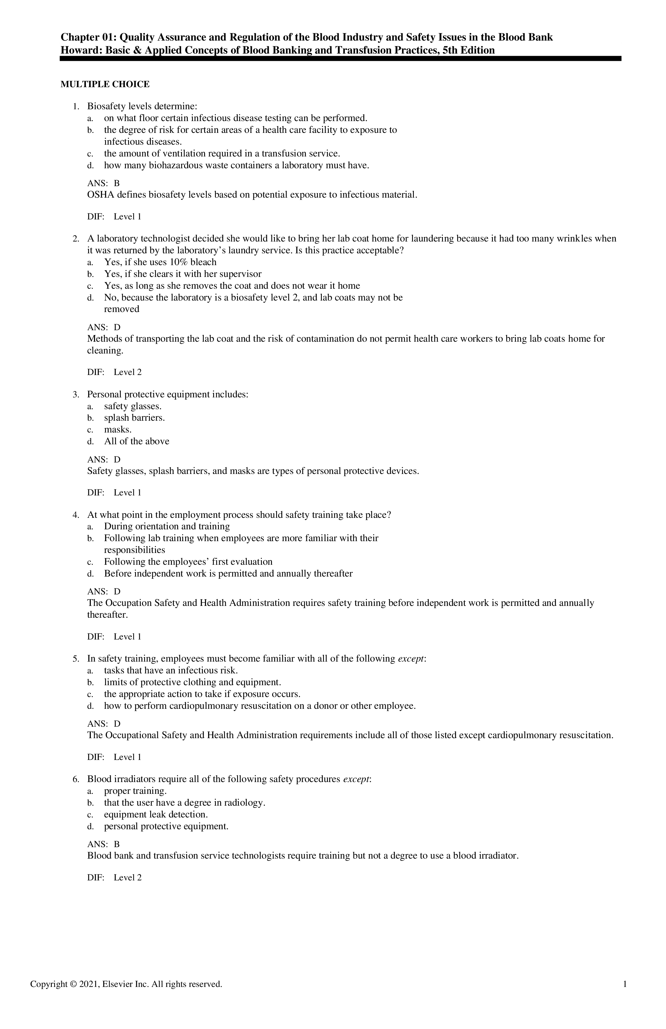 Test Bank for Basic and Applied Concepts of Blood Banking and Transfusion Practices 5th Edition By Paula Howard, All Chapters 1 - 16, Complete Newest Version
