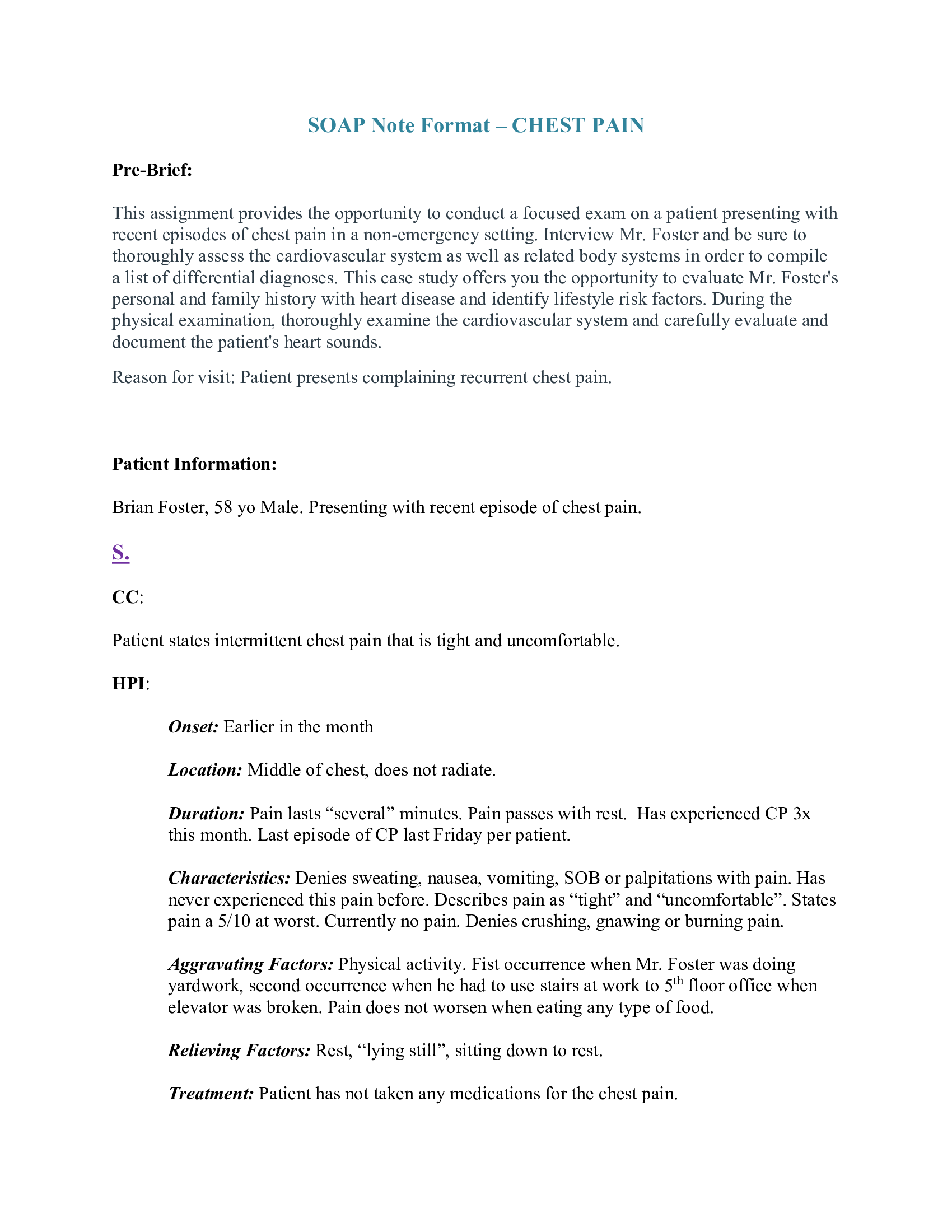 SOAP Note  – CHEST PAIN
