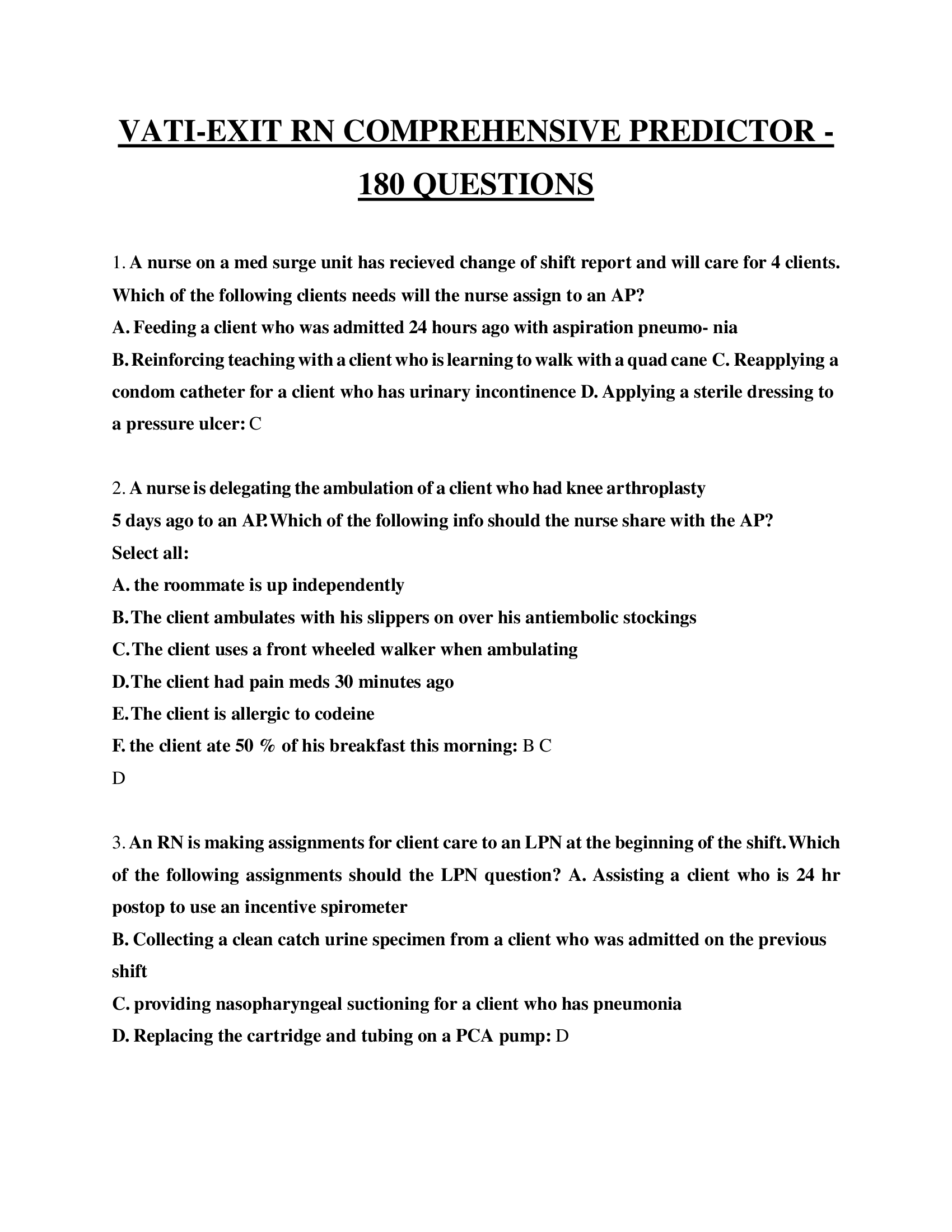 VATI-Exit RN Comprehensive Predictor 2022- 180 Questions and Answers